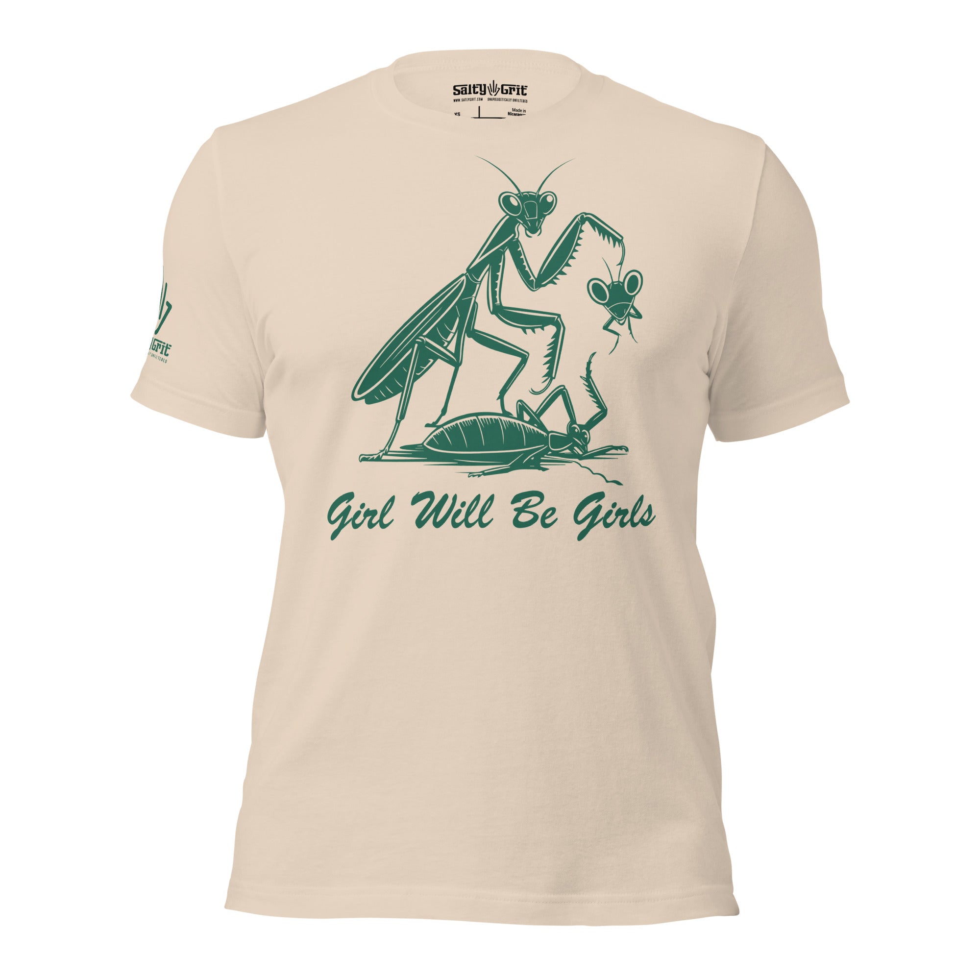 Funny women's humor shirt featuring a female praying mantis