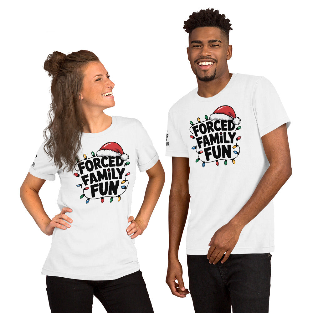 Funny Xmas shirt with Forced Family Fun message and festive lights