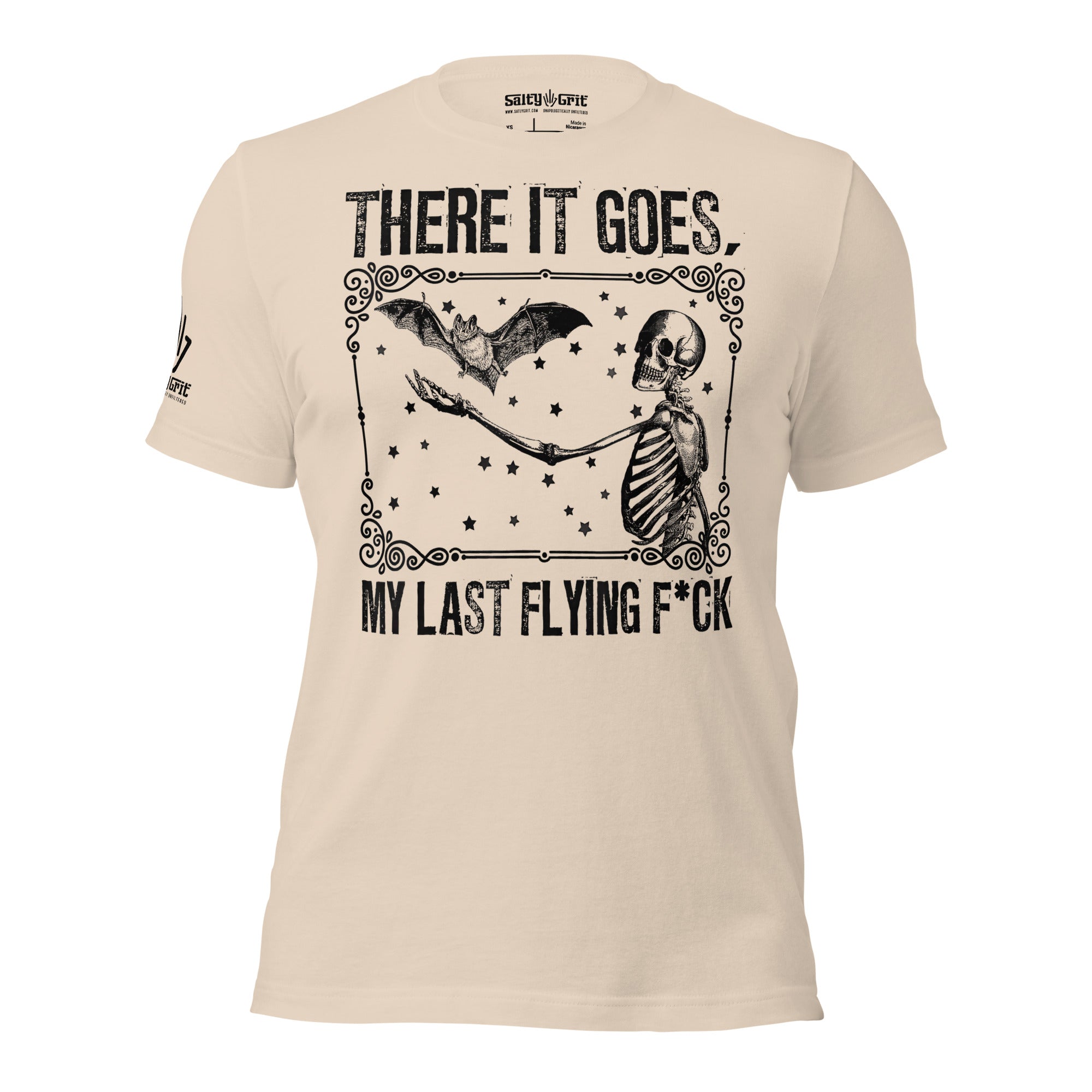 Funny zero fucks shirt featuring a skeleton and bat flying away