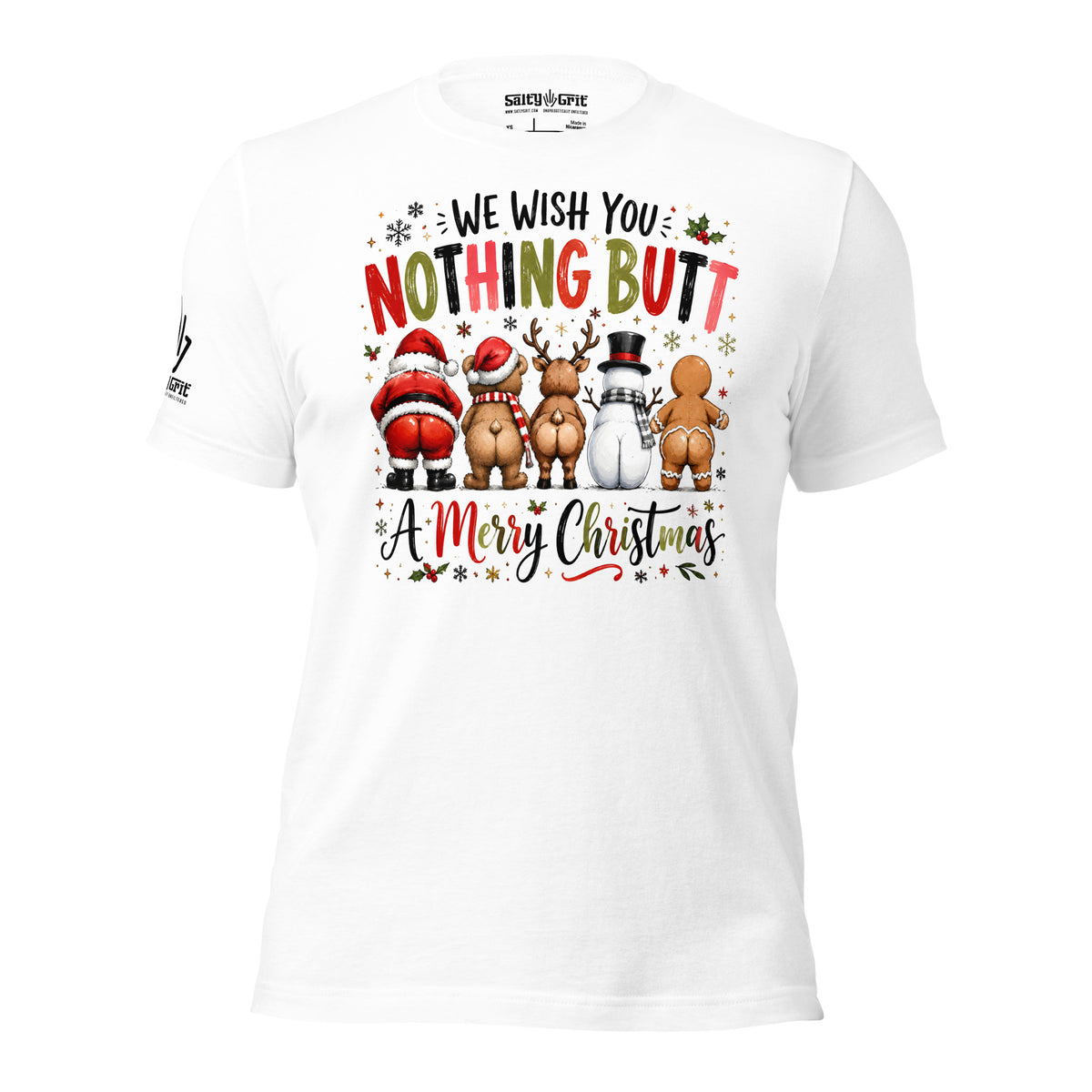 Novelty Christmas graphic featuring colorful lettering and playful holiday characters.