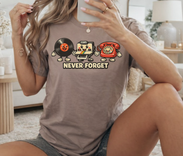 Funny Gen X shirt featuring a record, Polaroid camera, and rotary phone