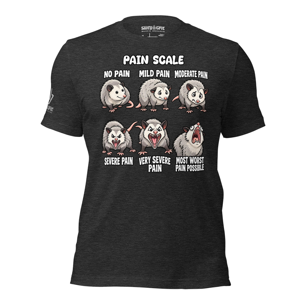 Opossum pain-scale illustration designed around a joke familiar to healthcare workers.