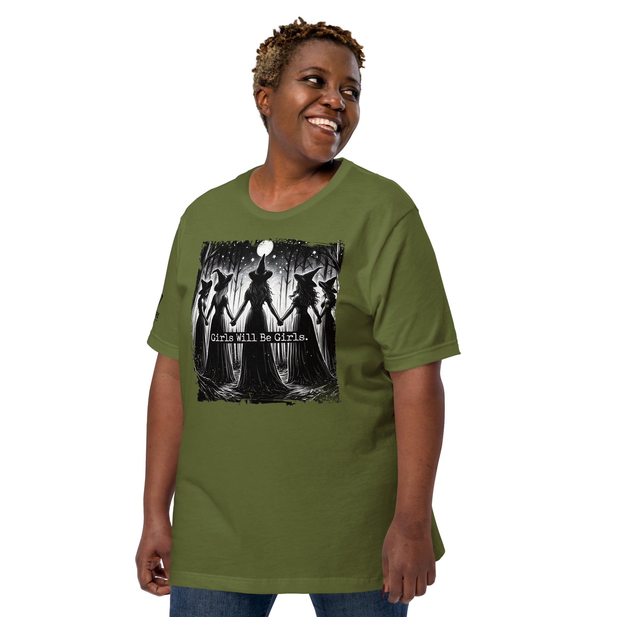 Sarcastic shirt with séance circle and “Girls Will Be Girls” quote