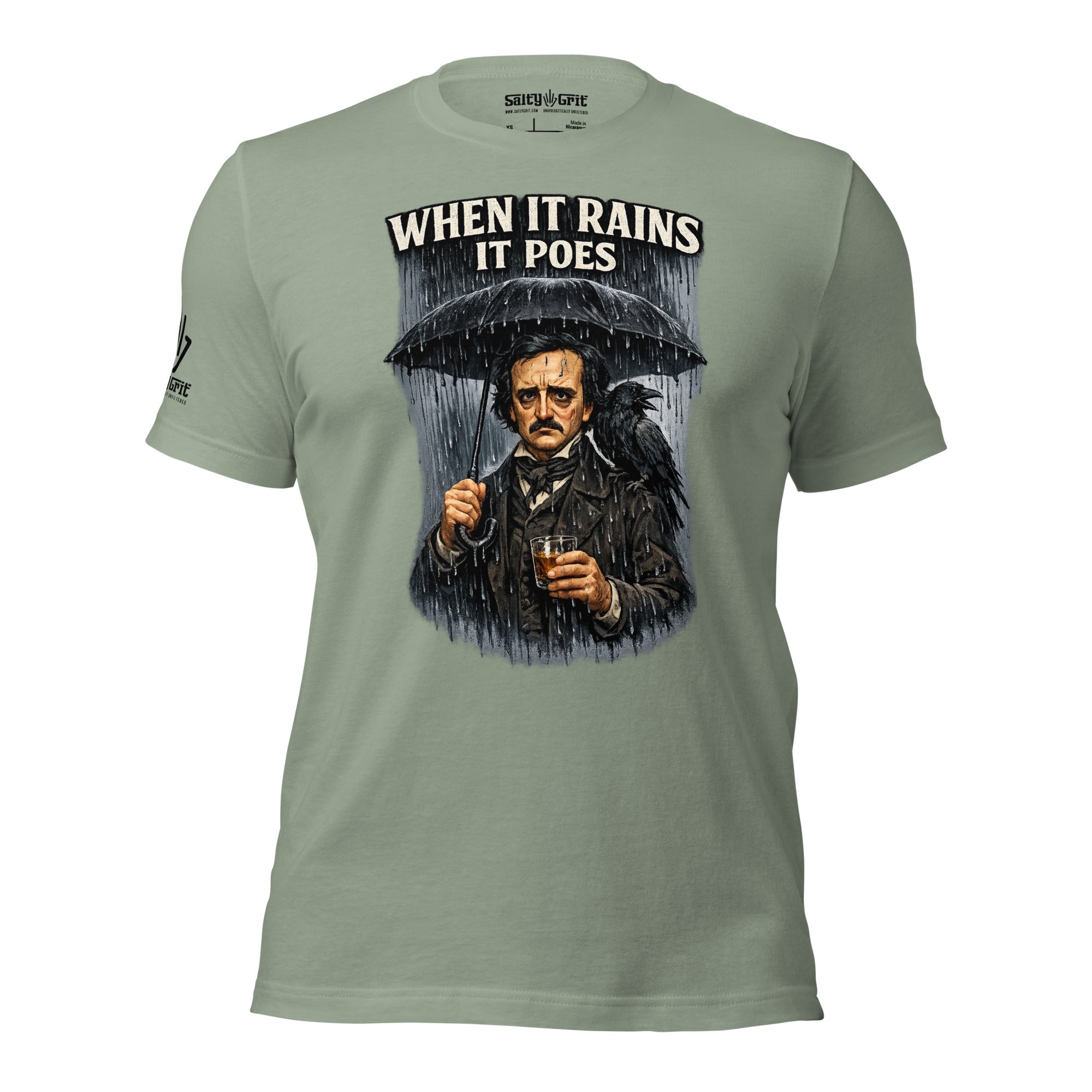 Gothic humor shirt inspired by Edgar Allan Poe with whiskey and raven