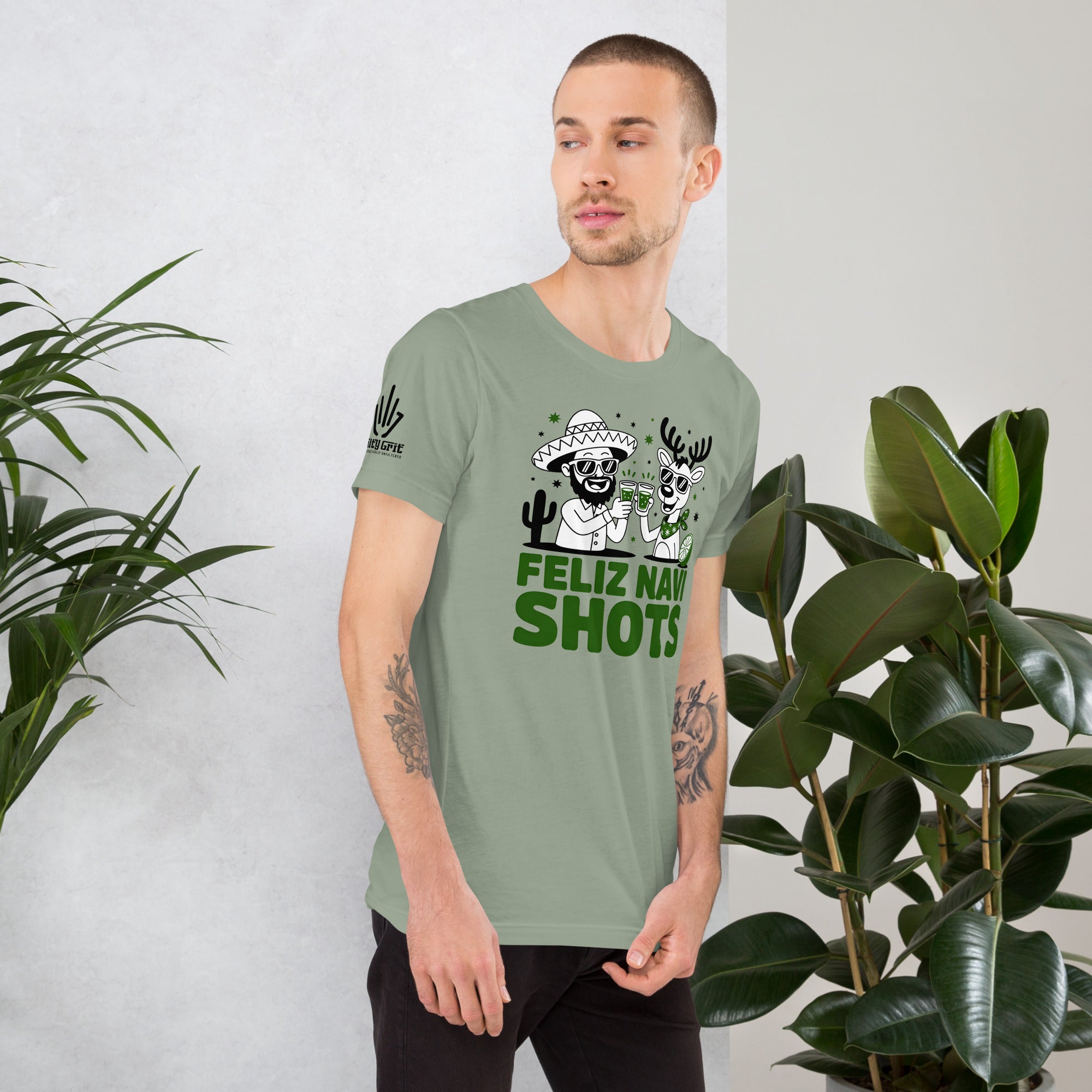 Graphic Christmas t-shirt with festive reindeer taking shots