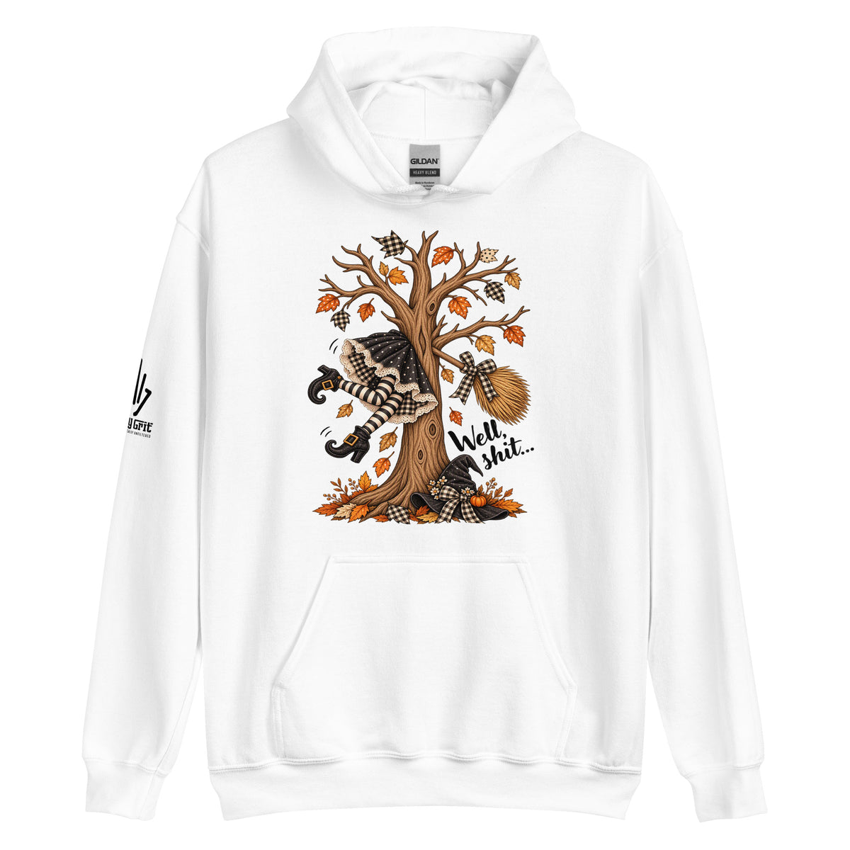 Graphic hoodie featuring a witch and crashed broom
