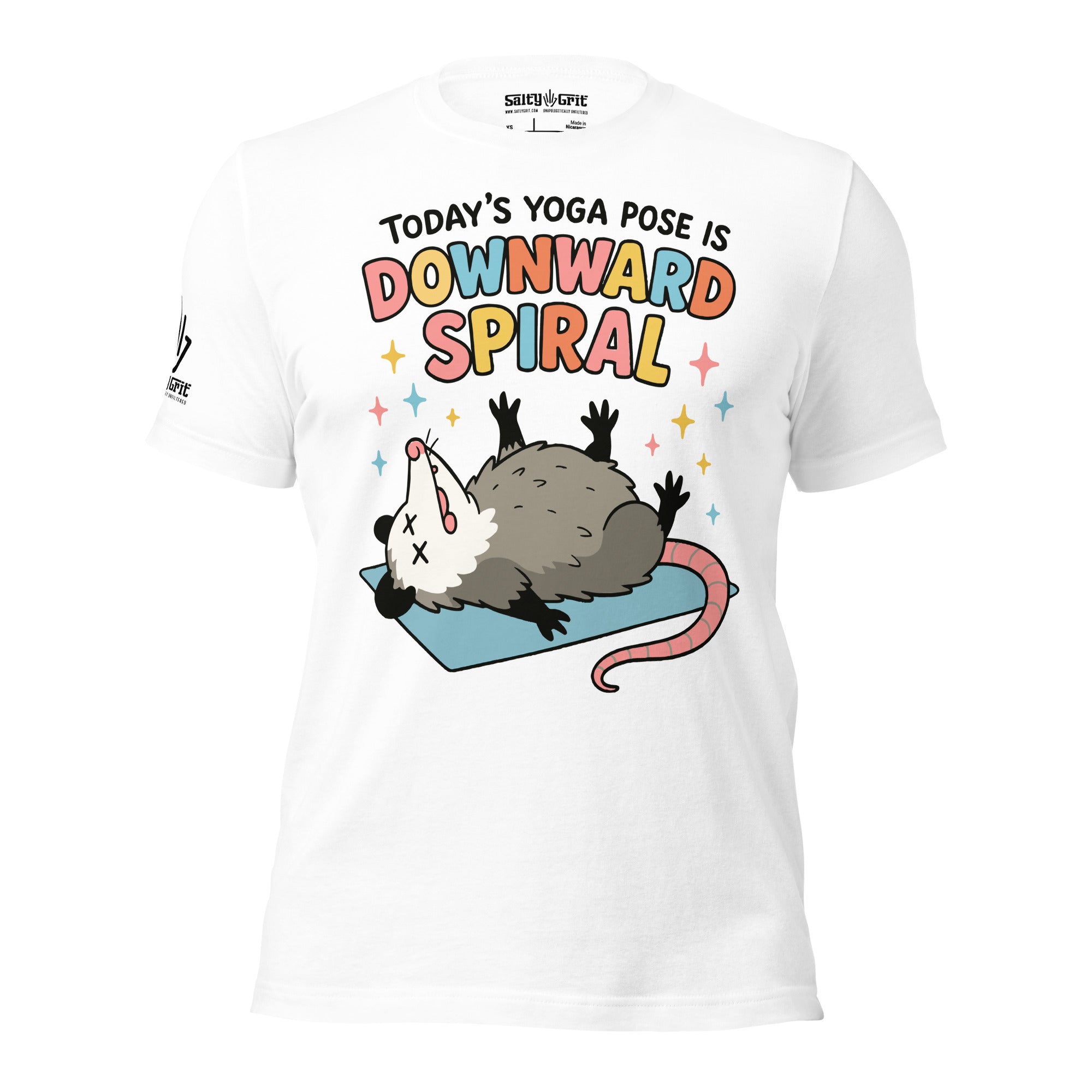 Graphic tee featuring opossum playing dead with yoga text