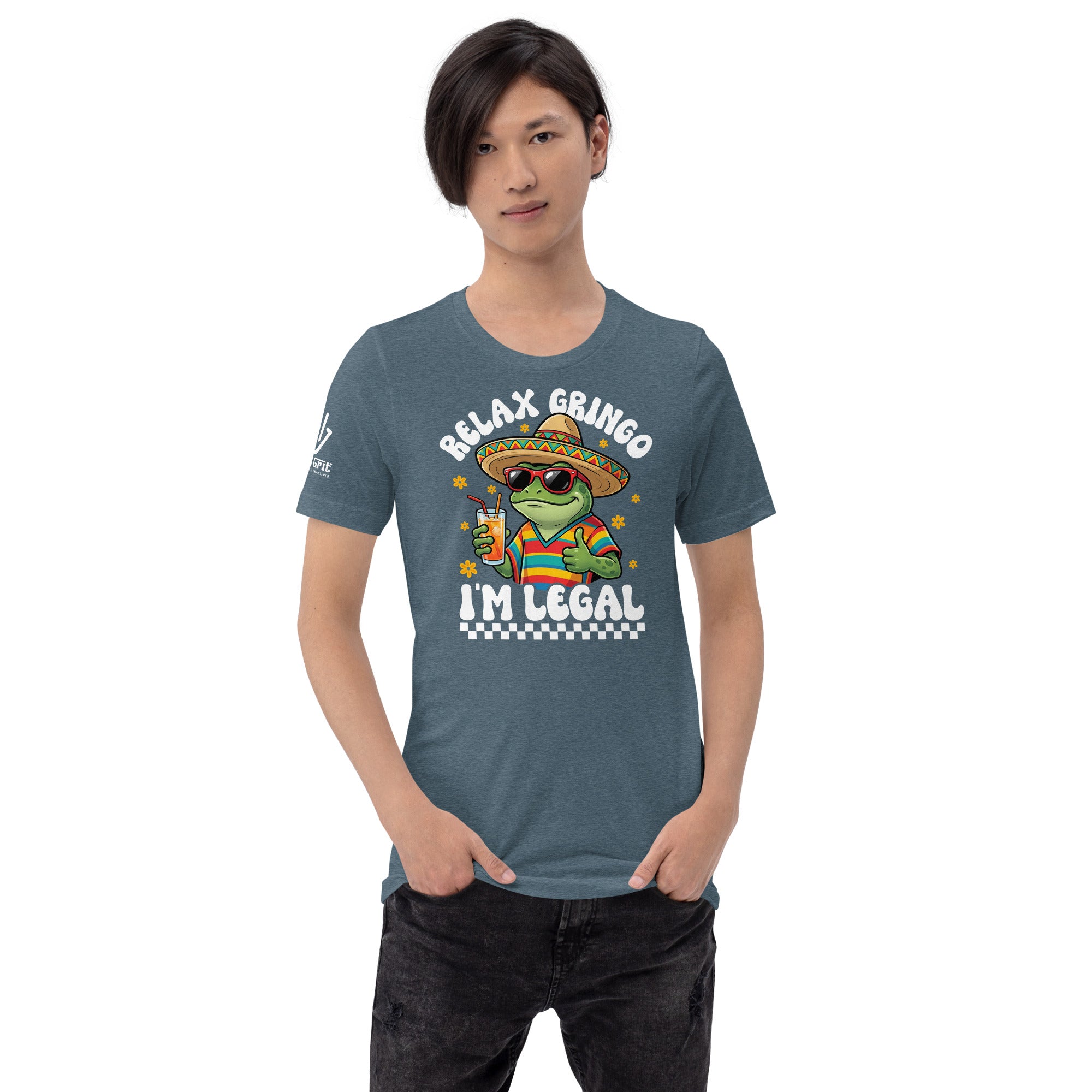 Graphic tee with Relax Gringo I'm Legal quote and festive lizard artwork