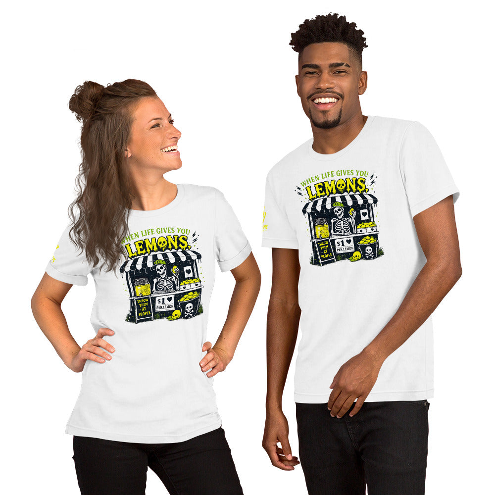 Graphic tee with skeleton lemonade stand and Throw Them At People quote