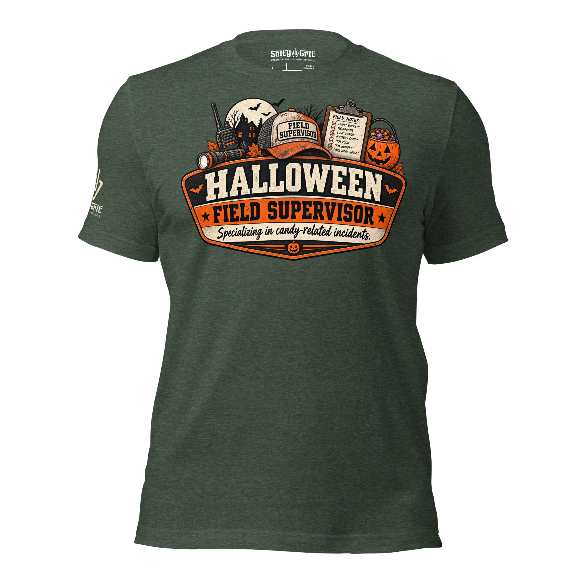 Funny Halloween candy supervisor shirt with checklist warning sign
