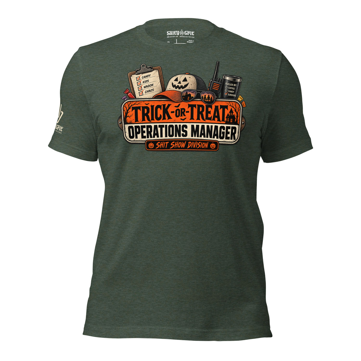 Funny Halloween dad graphic tee with trick or treat operations manager theme