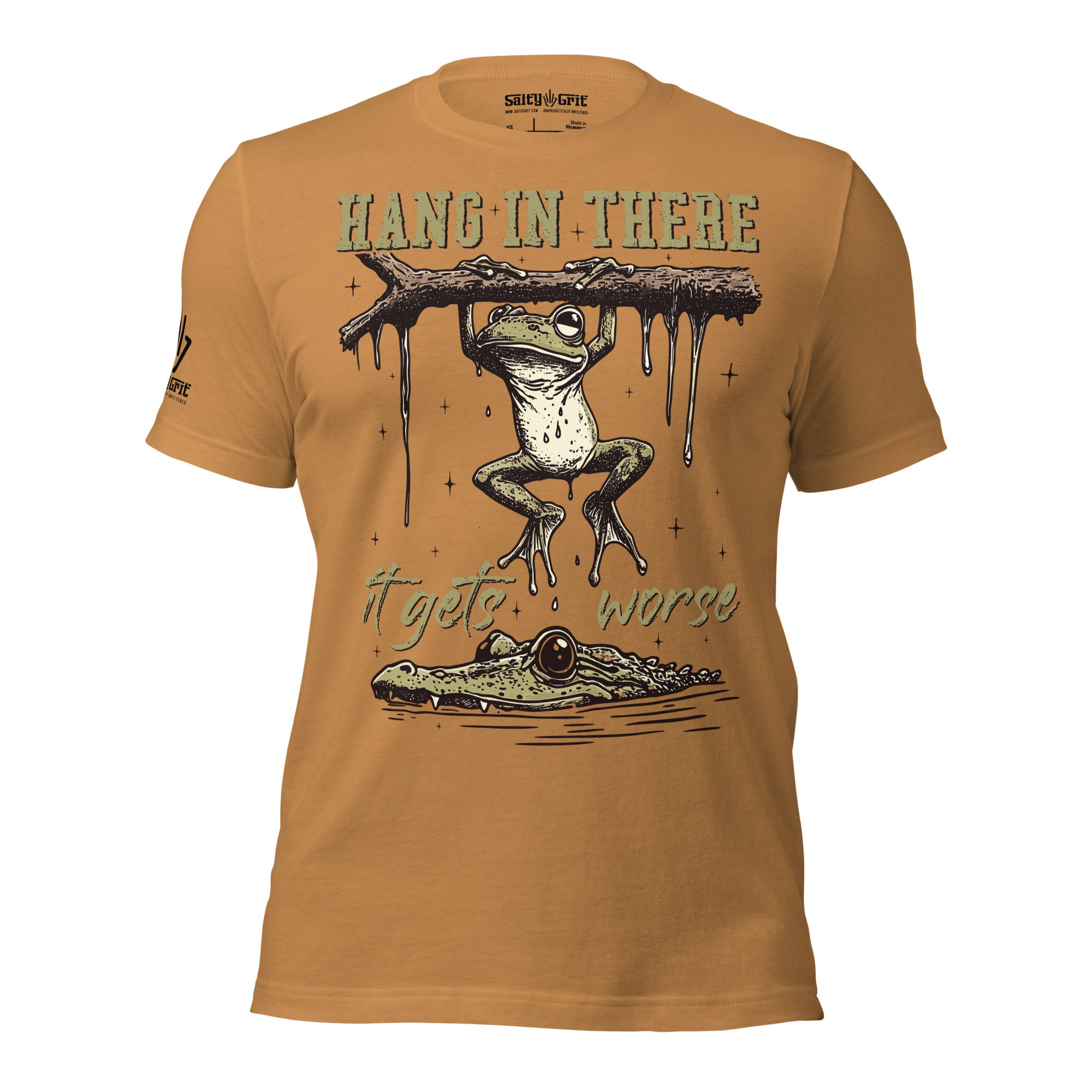 Funny shirt with sarcastic hang in there it gets worse quote and frog design