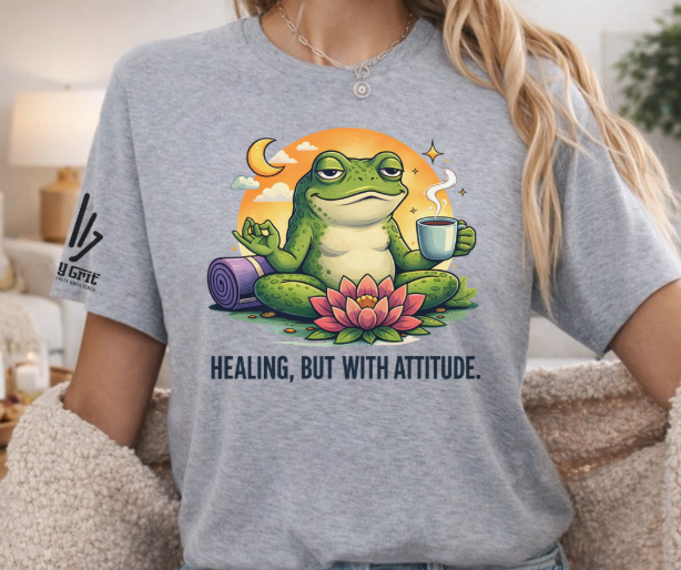 Sarcastic frog coffee shirt featuring a frog trying to meditate