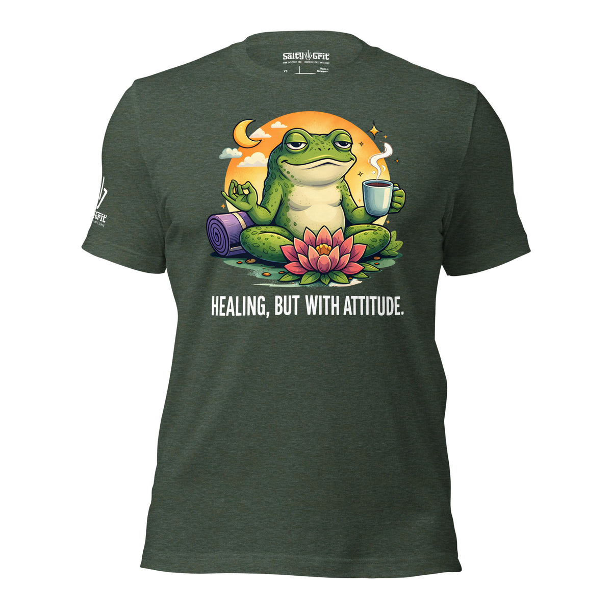 Healing With Attitude sarcastic shirt featuring a coffee-drinking meditation frog