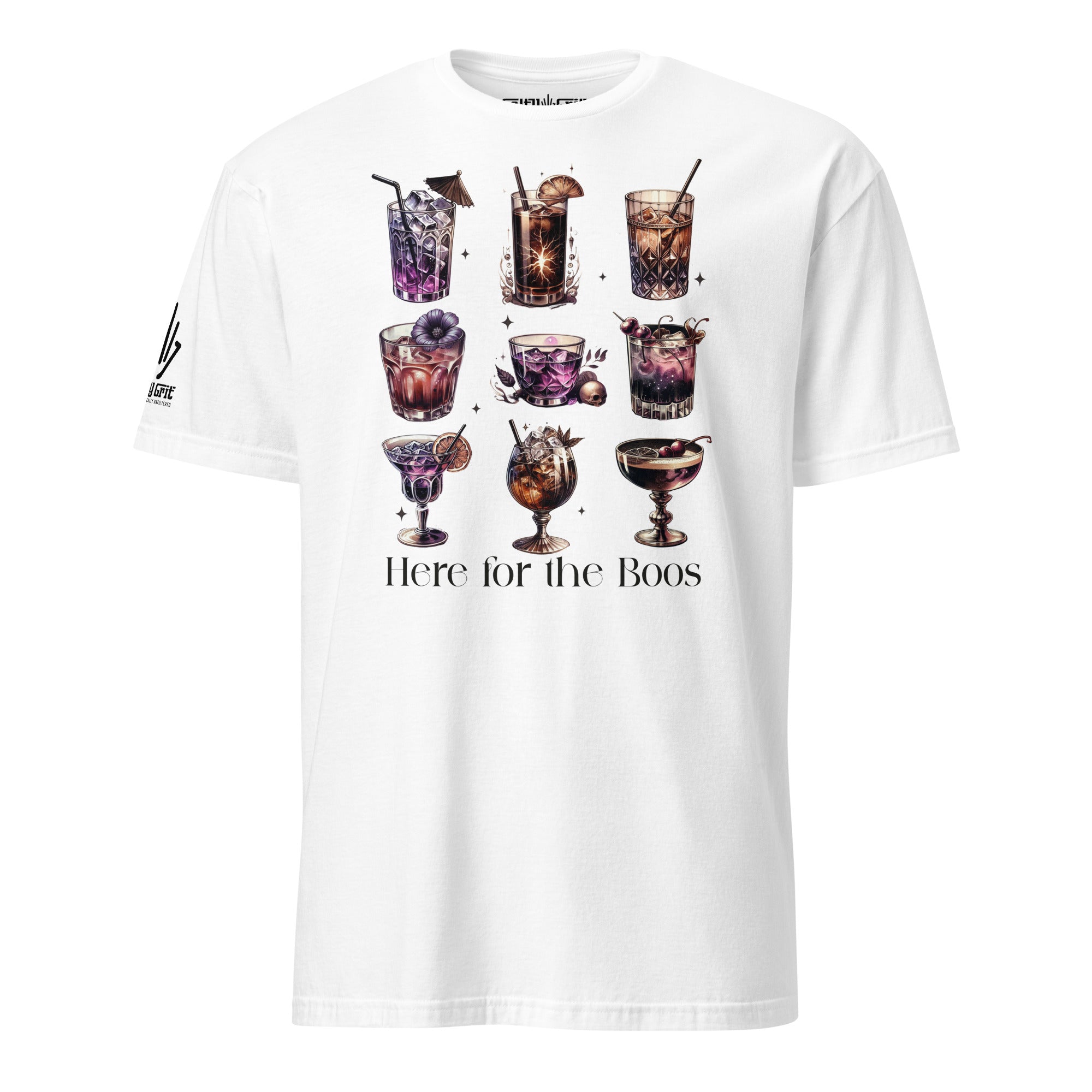 Funny Halloween shirt with Here for the Boos text and spooky drinks illustration