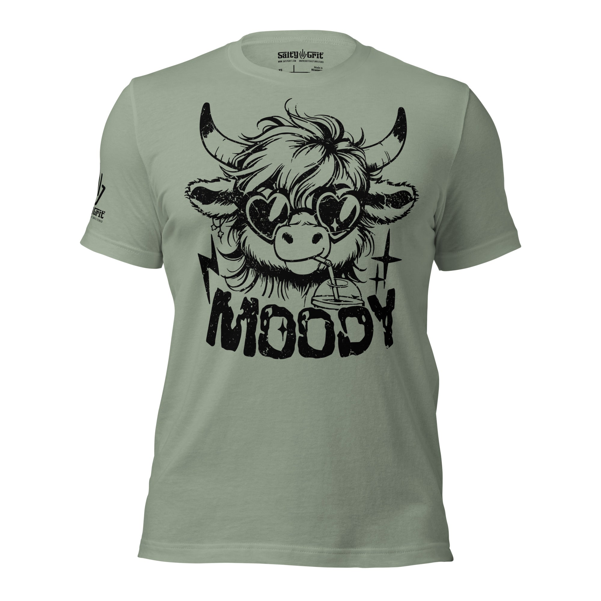 Highland cow graphic tee with coffee and sarcastic text Moody