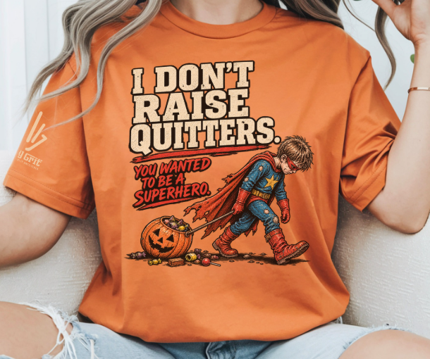 Funny Halloween shirt for parents featuring an exhausted superhero trick-or-treater