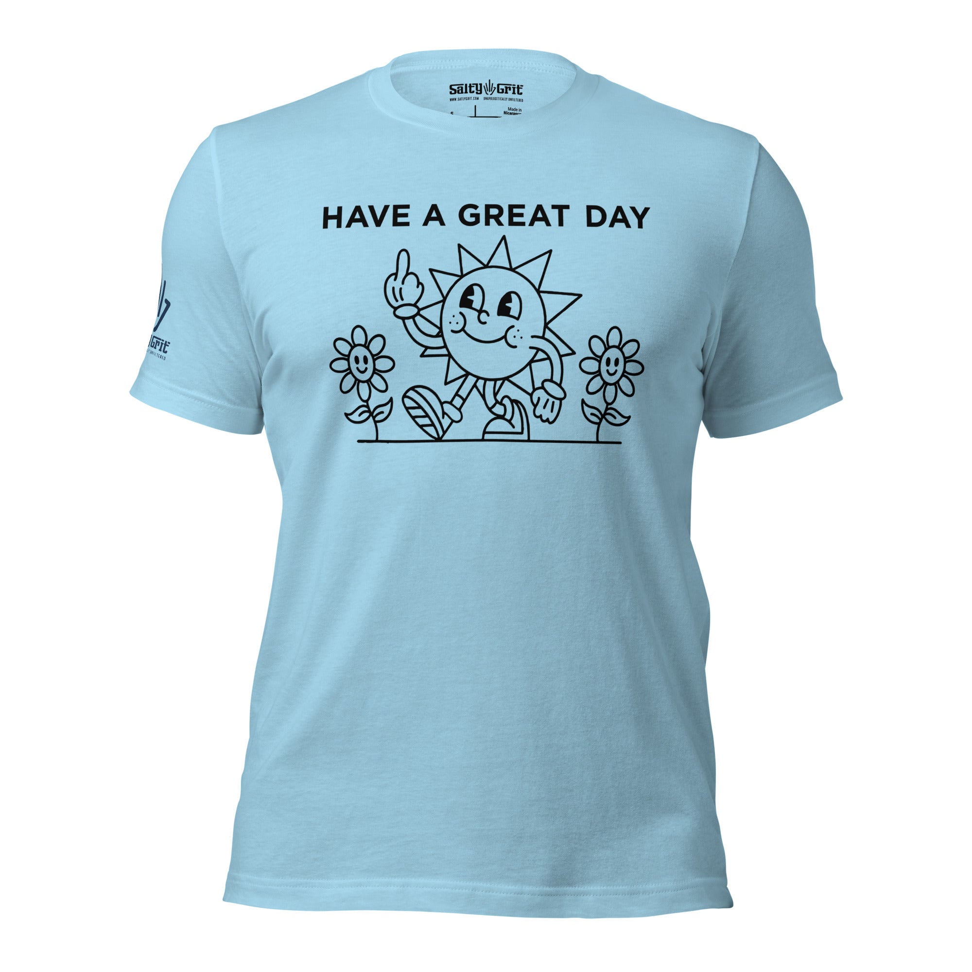 Inappropriate humor shirt featuring Have a Great Day with a middle finger sun