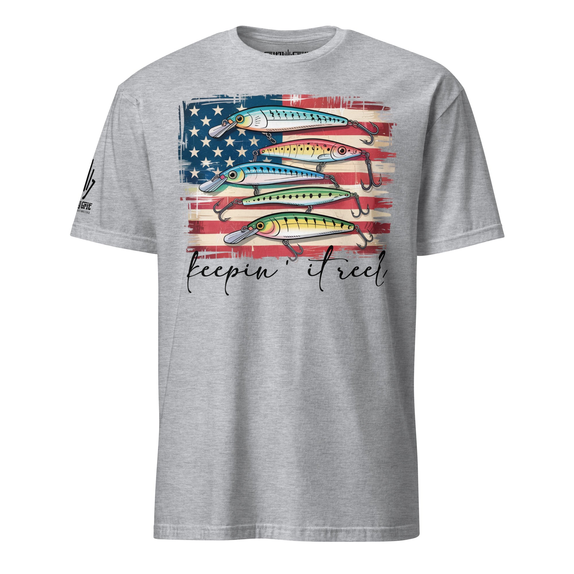 Red, white, and blue fishing lure graphic on sarcastic t-shirt