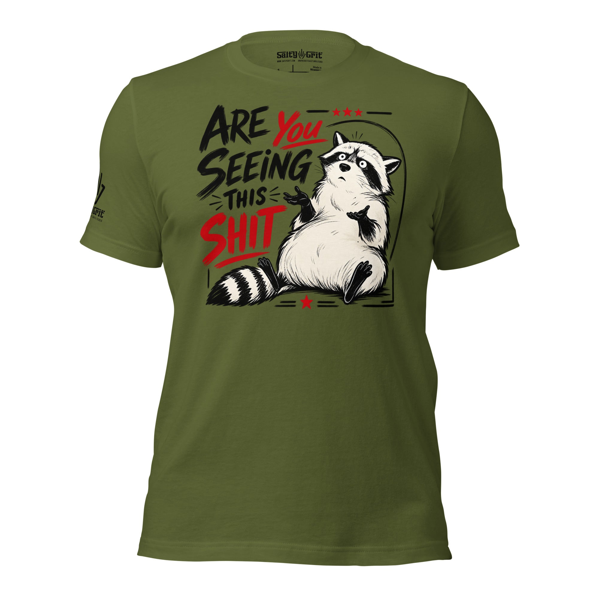 Inappropriate humor shirt featuring a concerned raccoon
