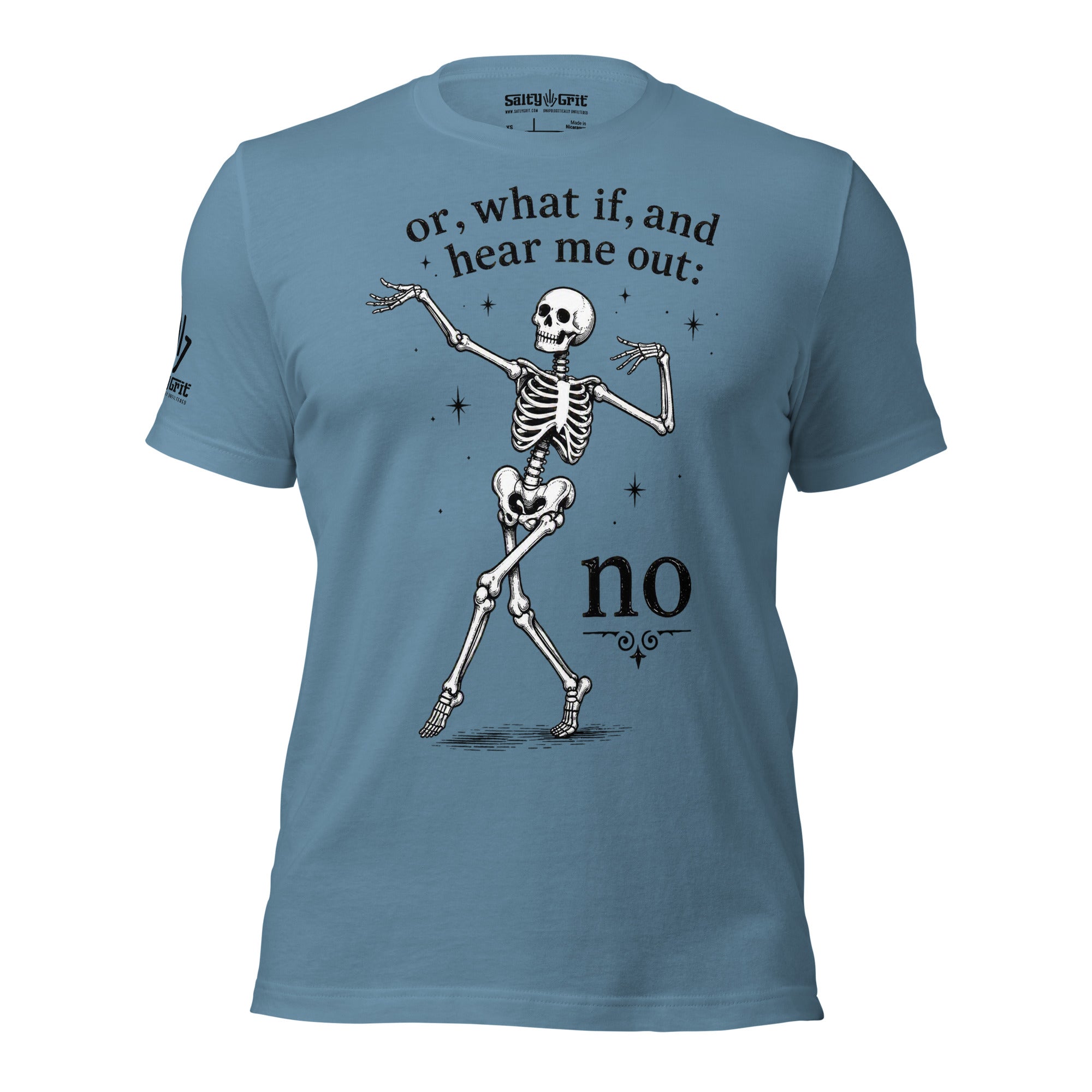 Sarcastic graphic tee for introverts featuring a dancing skeleton saying NO