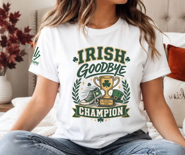 Funny Irish Goodbye Champion shirt featuring a trophy and running shoe