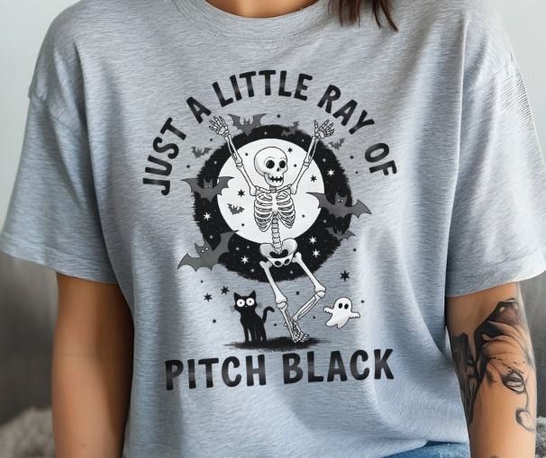Funny shirt featuring Just A Little Ray Of Pitch Black quote with skeleton and black cat