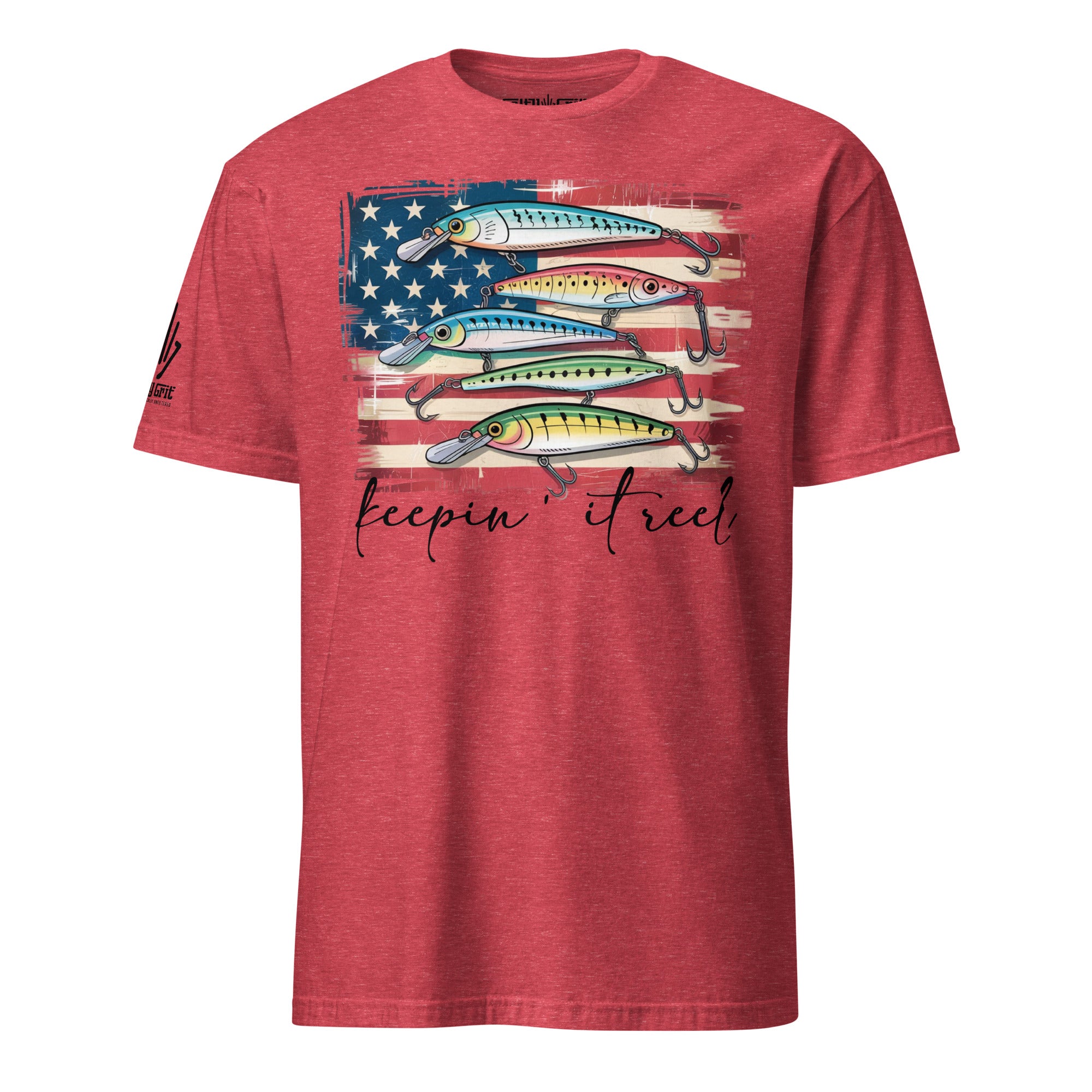 Funny shirt with Keepin’ It Reel text and American flag made of fishing lures