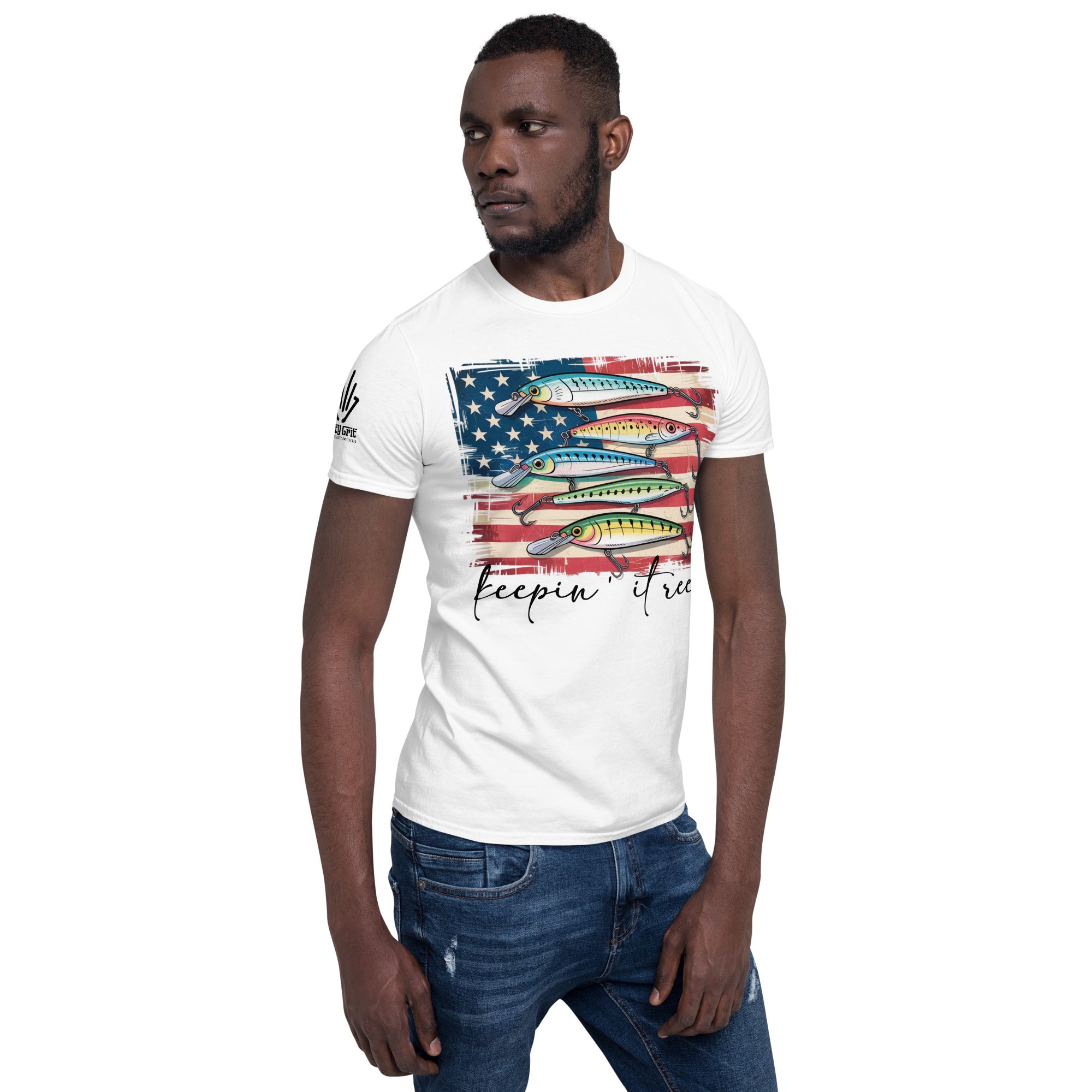 Novelty fishing shirt with American flag lure artwork