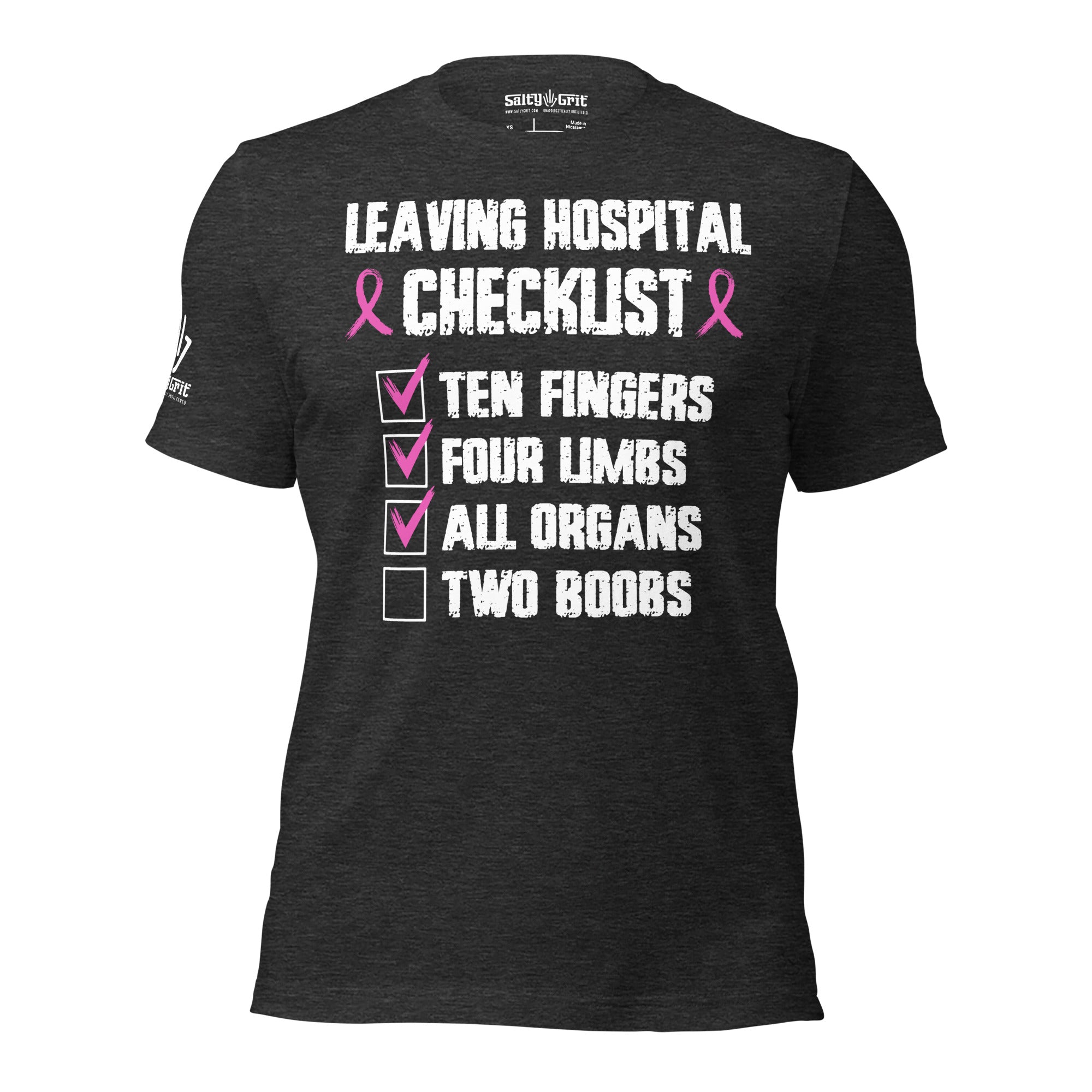 Funny shirt with leaving hospital checklist showing two boobs unchecked