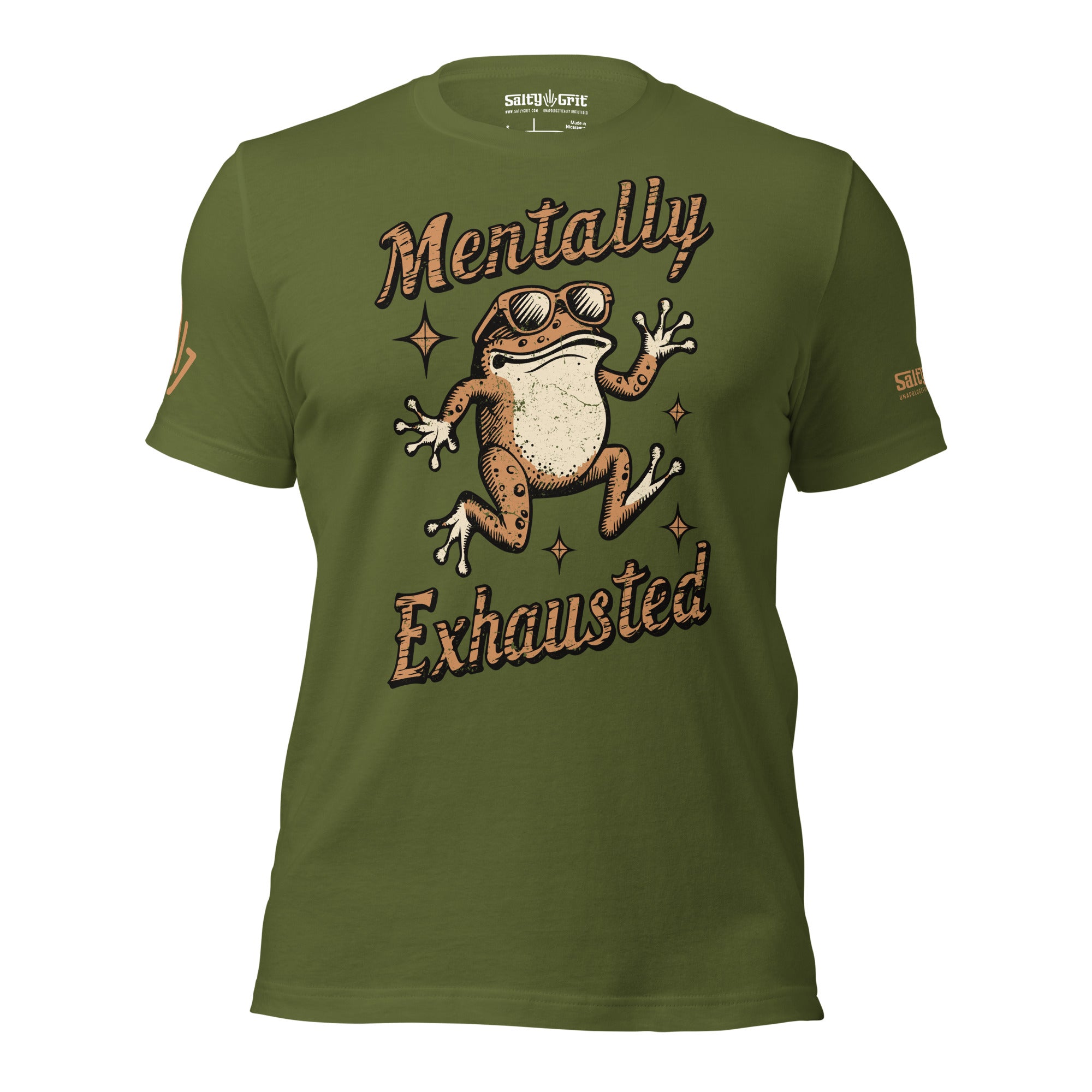 olive color t shirt with a front wearing sunglasses on it graphic tee shirt stating mentally exhausted