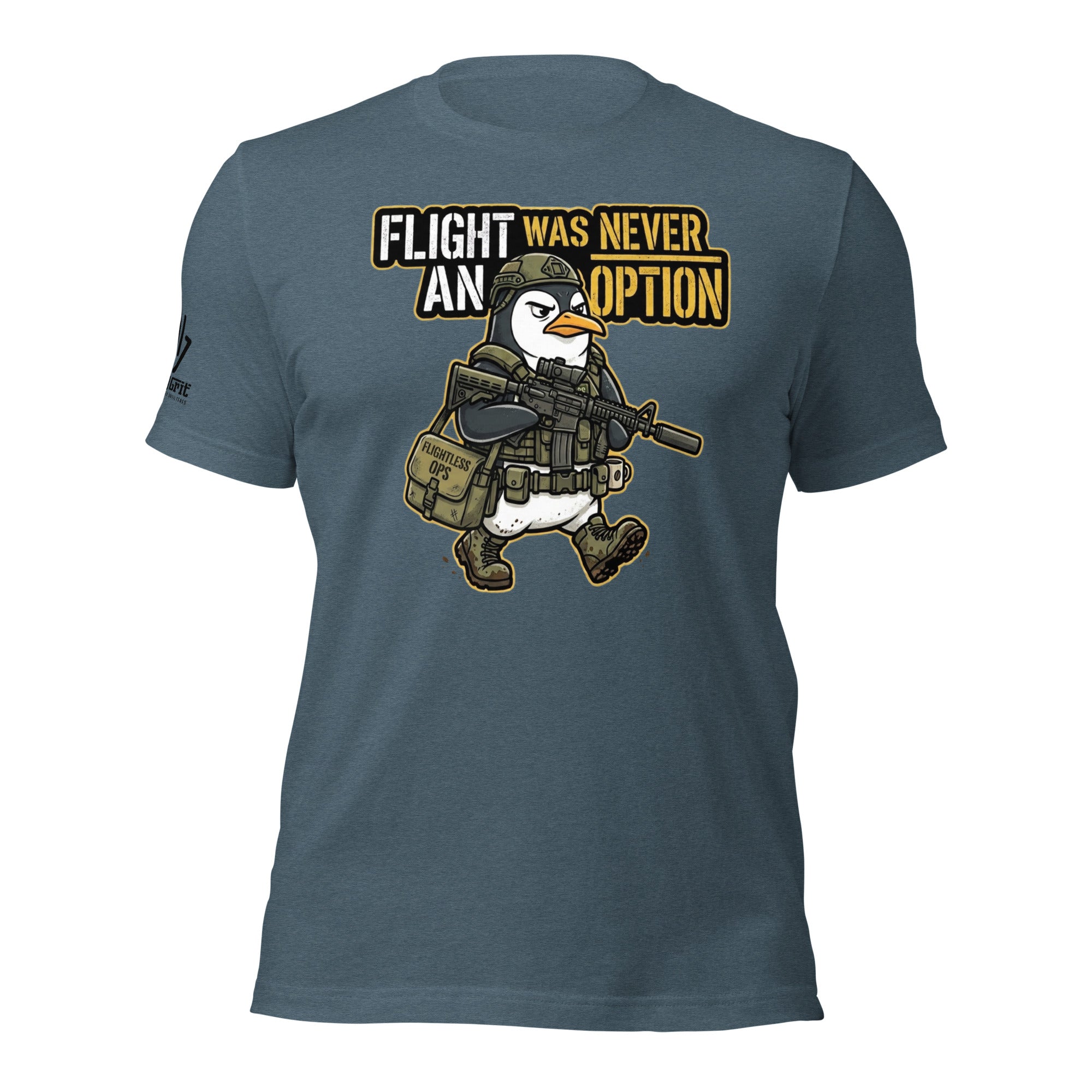 Military humor shirt with tactical penguin and Flight Was Never An Option quote
