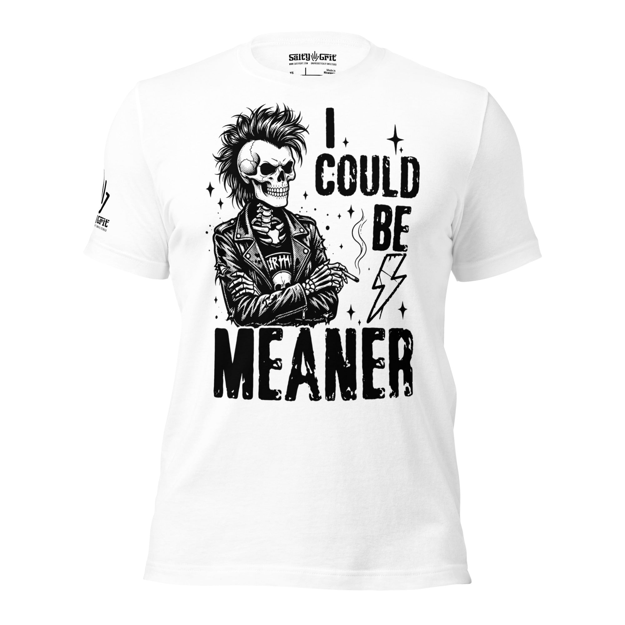Graphic tee featuring a skeleton with a mohawk and punk rock attitude
