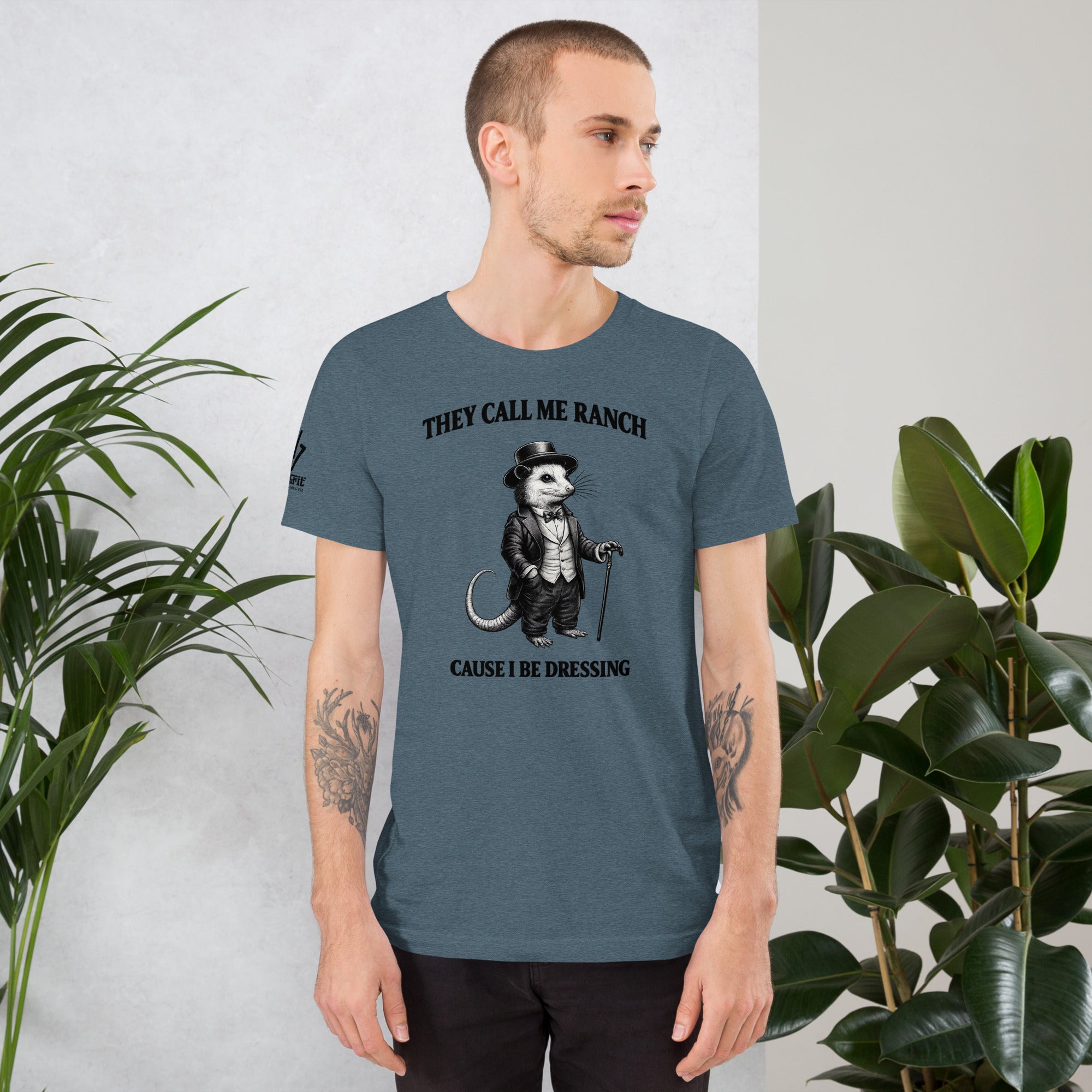 Funny graphic tee featuring a mouse dressed in a tuxedo with ranch humor