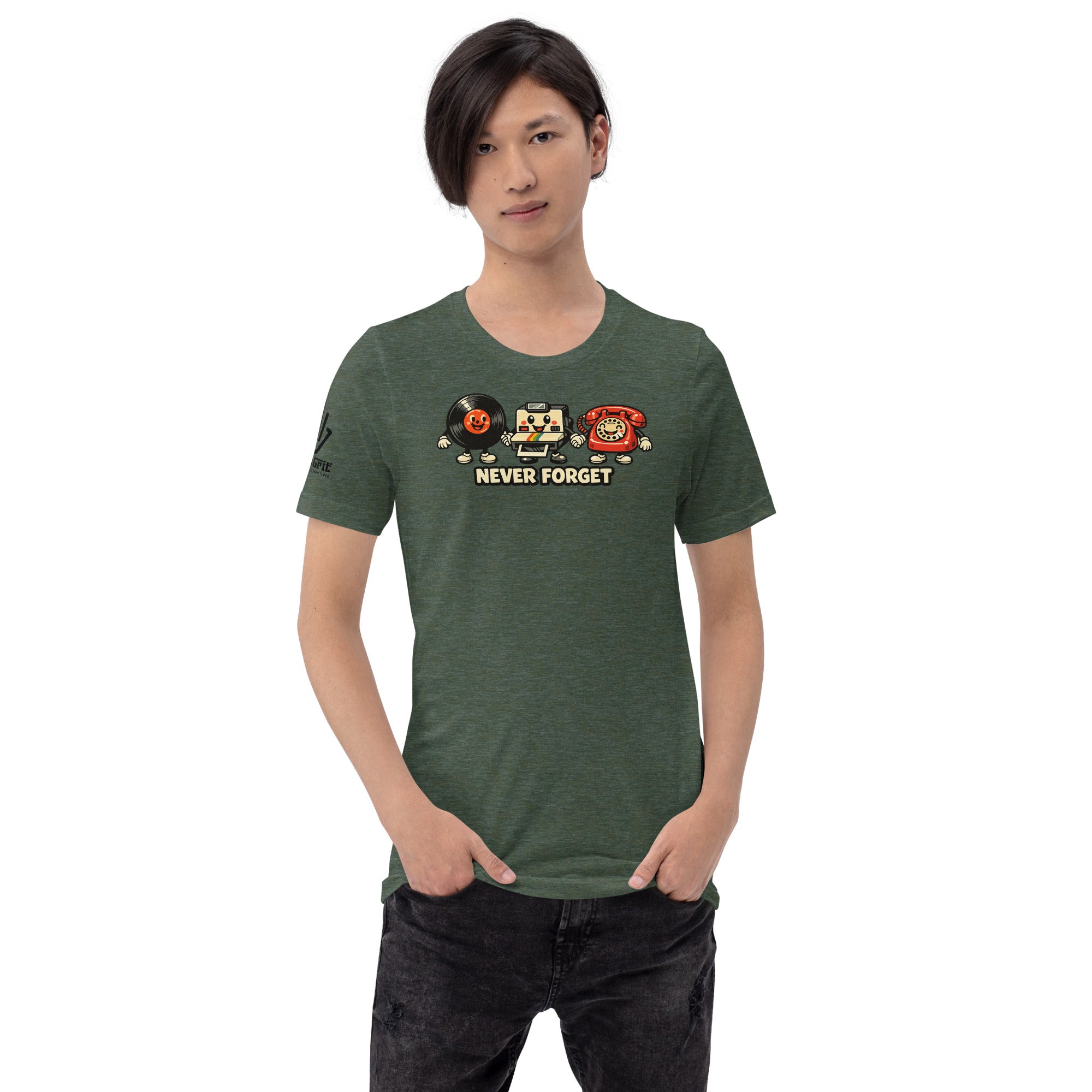Vintage tech graphic tee with record, Polaroid, and rotary phone illustration