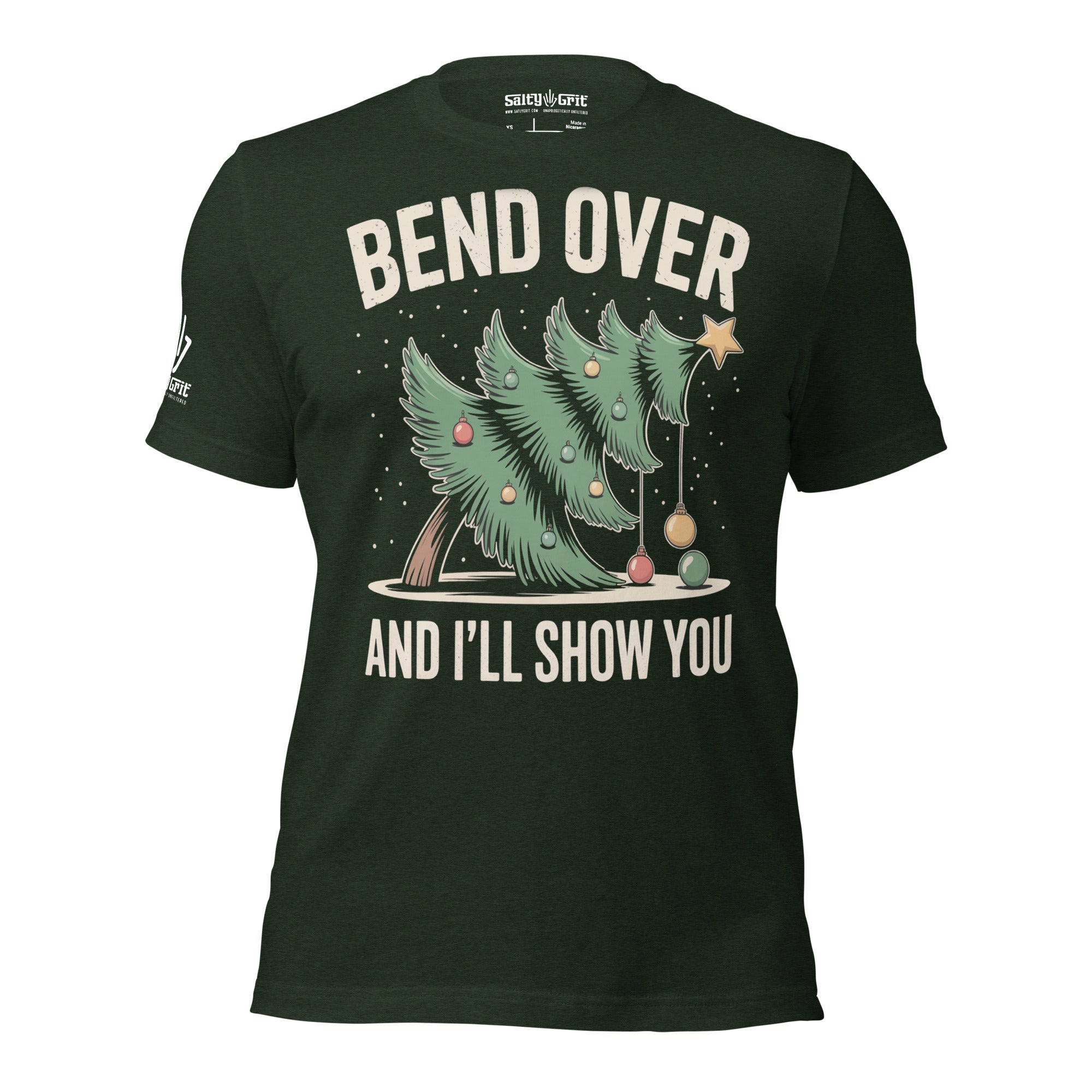 Offensive humor holiday shirt featuring bent Christmas tree and bold phrase