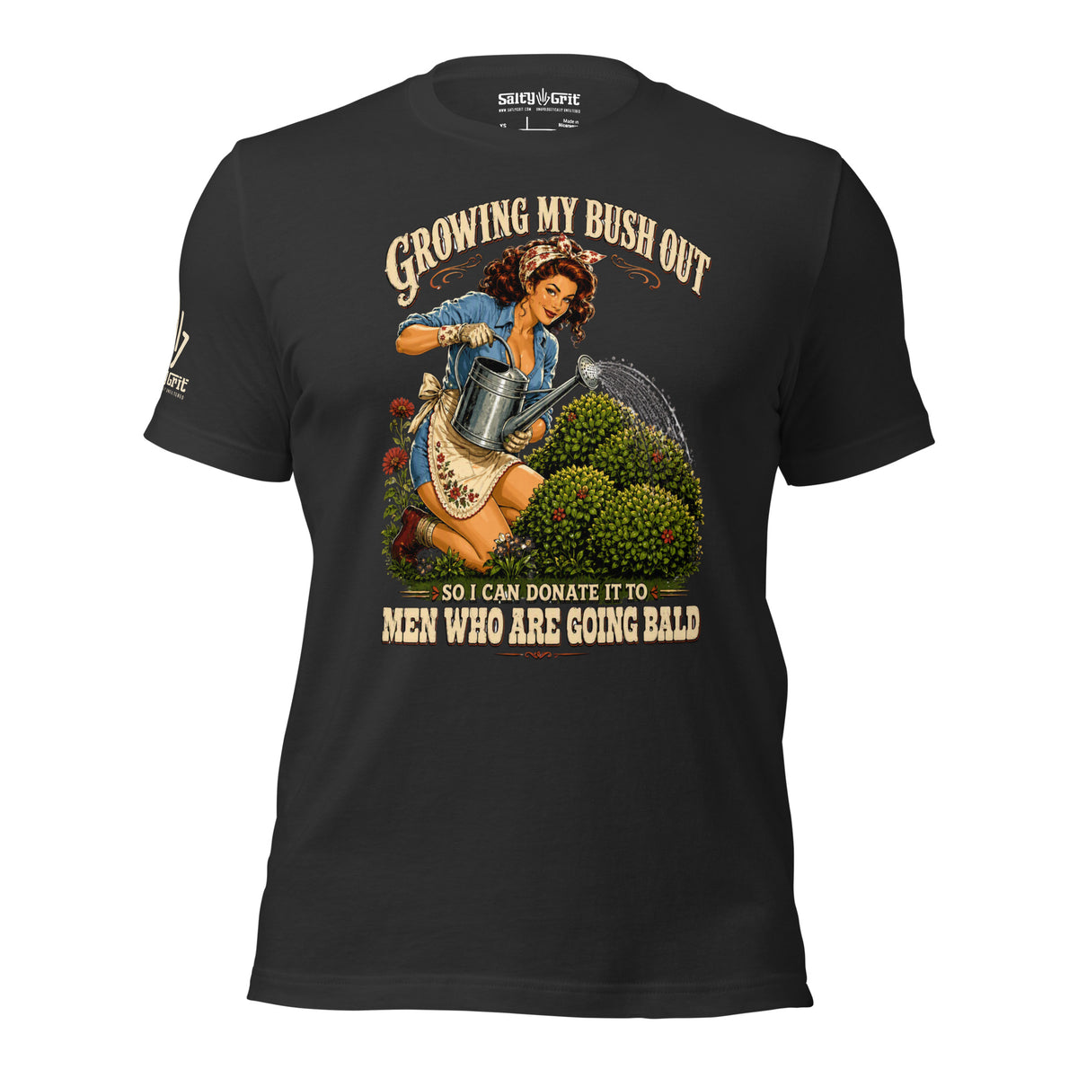 Offensive humor gardener shirt featuring a cheeky bush gardening design
