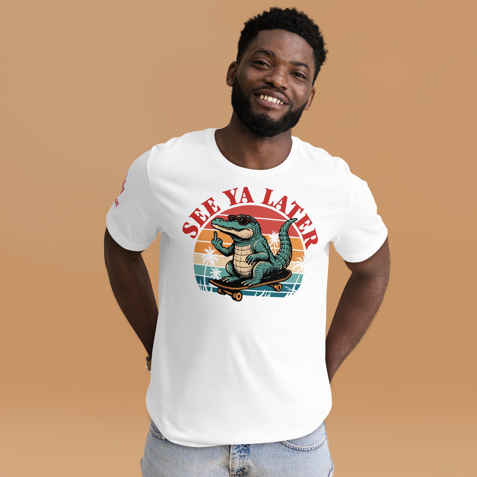 Offensive humor graphic tee with skateboarding gator and middle finger