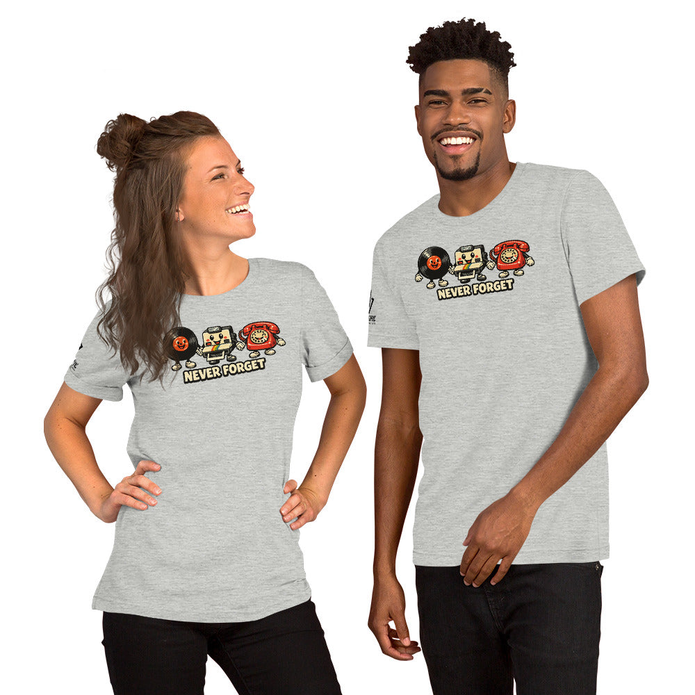 Offensive humor shirt with vintage record, camera, and rotary phone design
