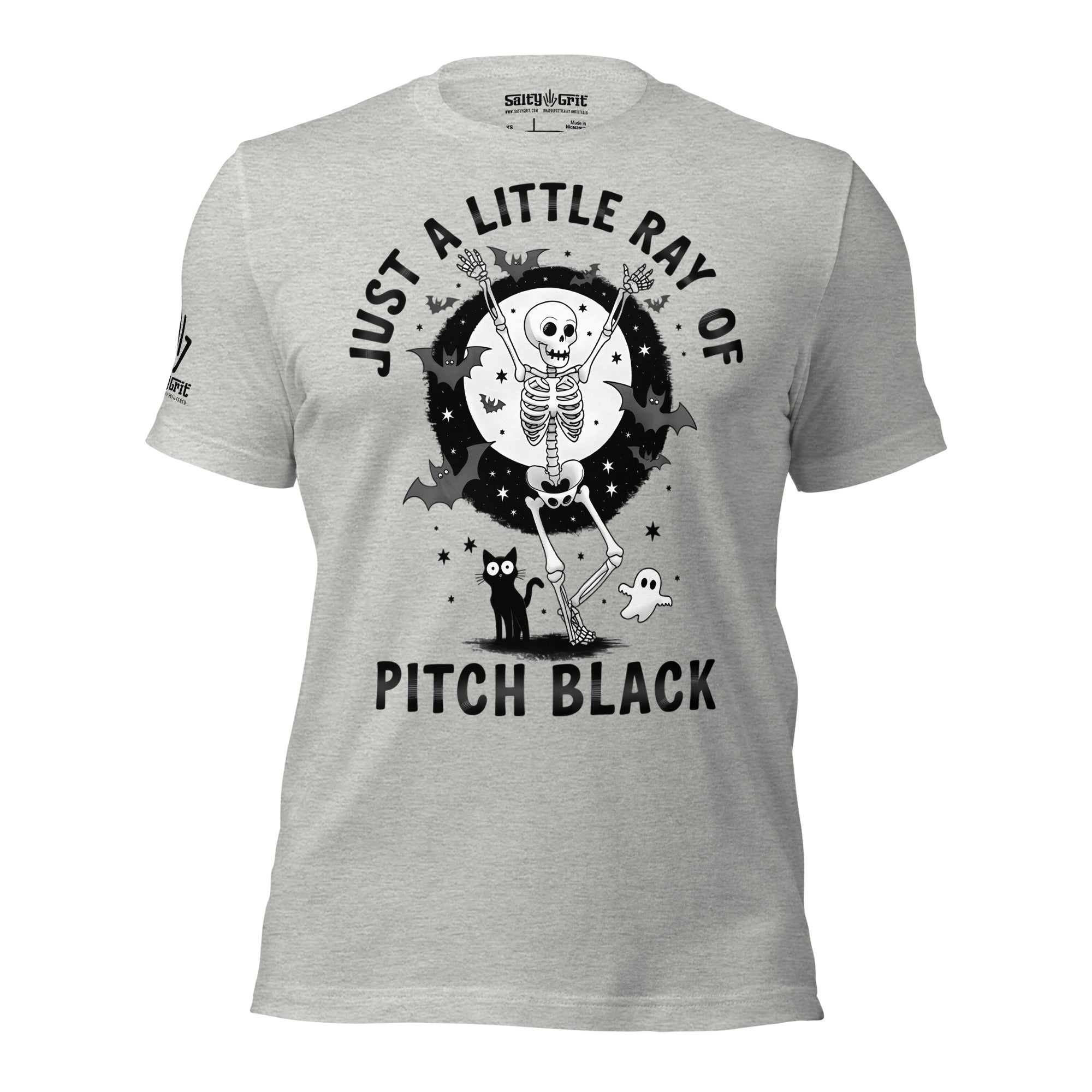 Gothic graphic tee with skeleton, black cat, and sarcastic humor