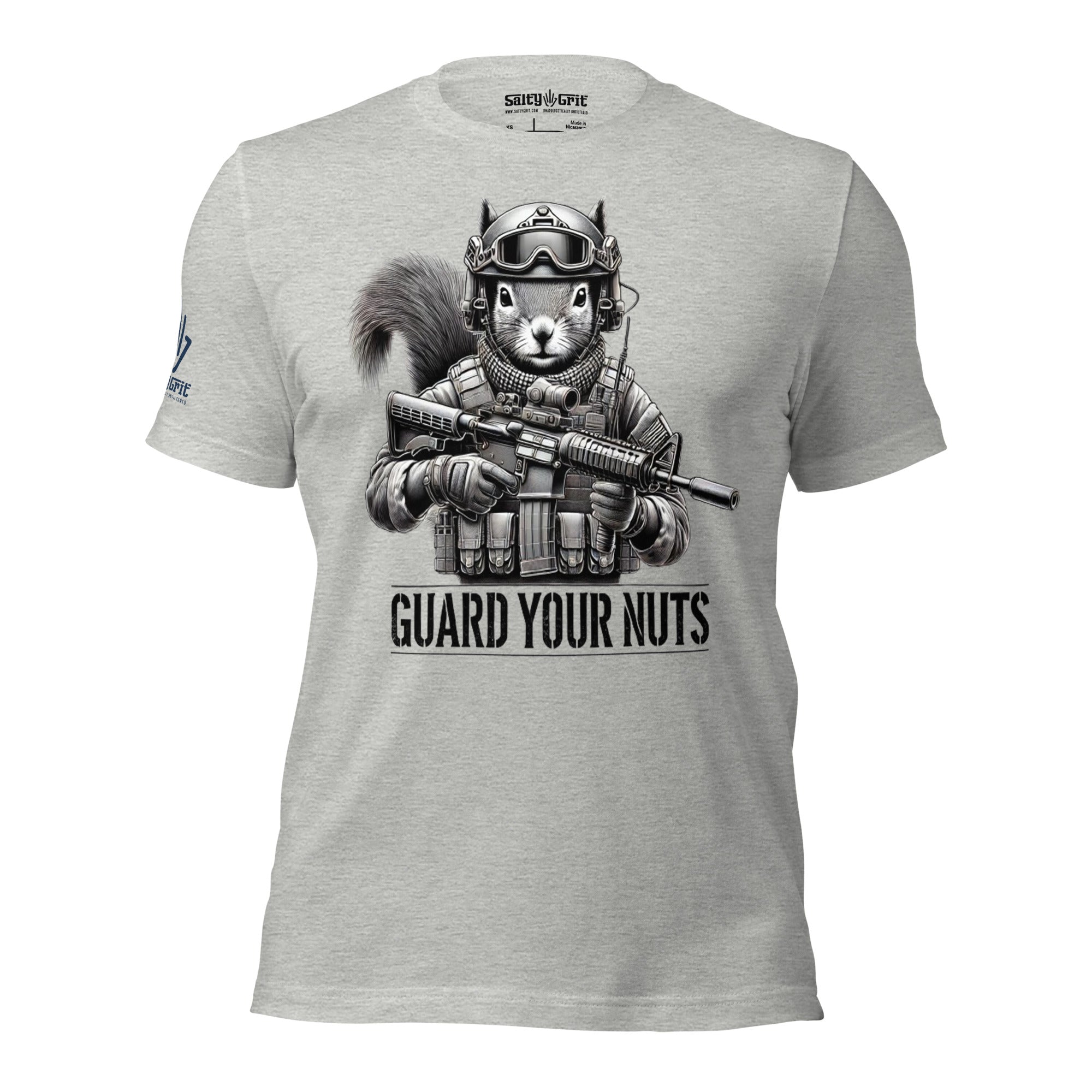 Offensive humor shirt Guard Your Nuts with armed squirrel design