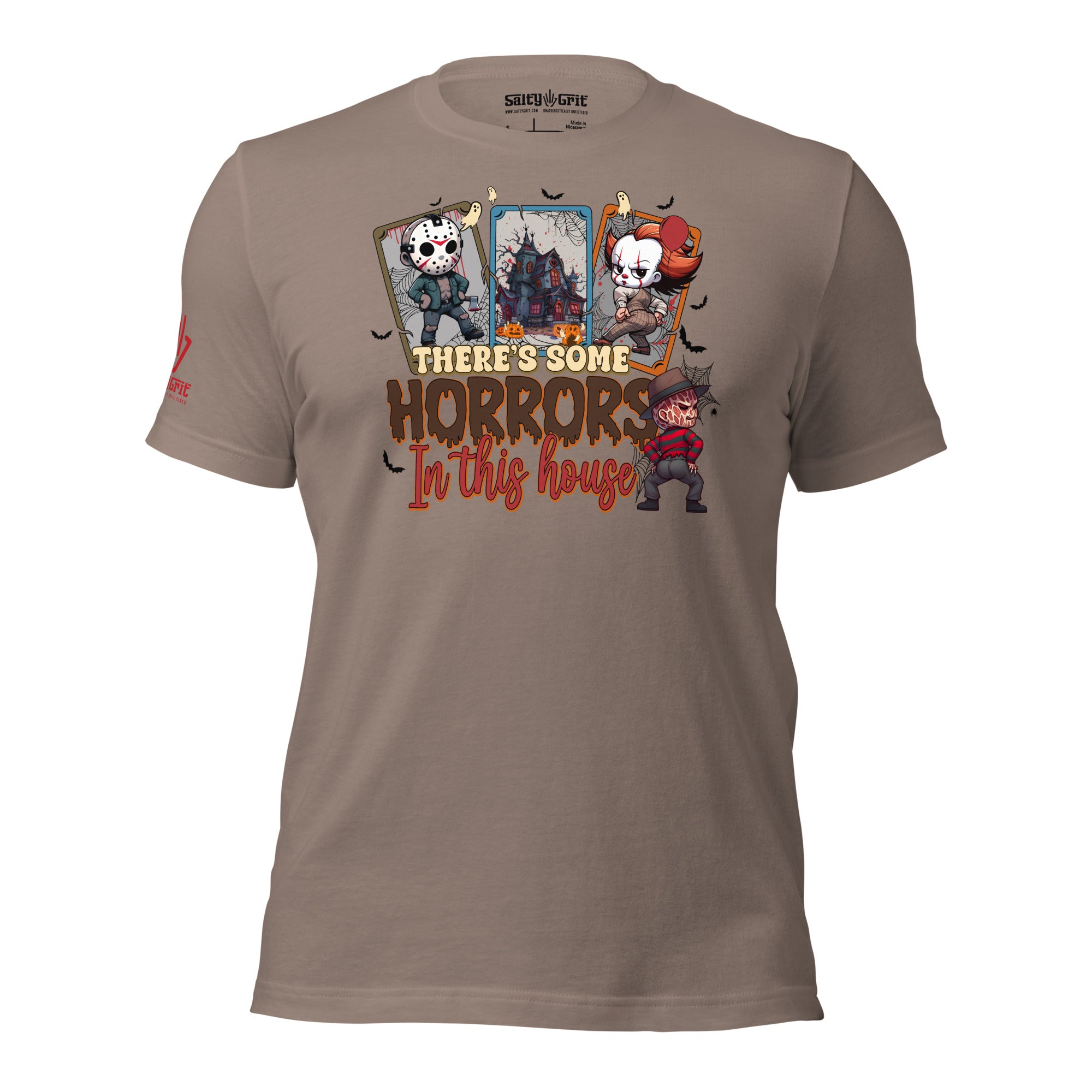 Sarcastic Halloween party graphic tee with iconic horror figures