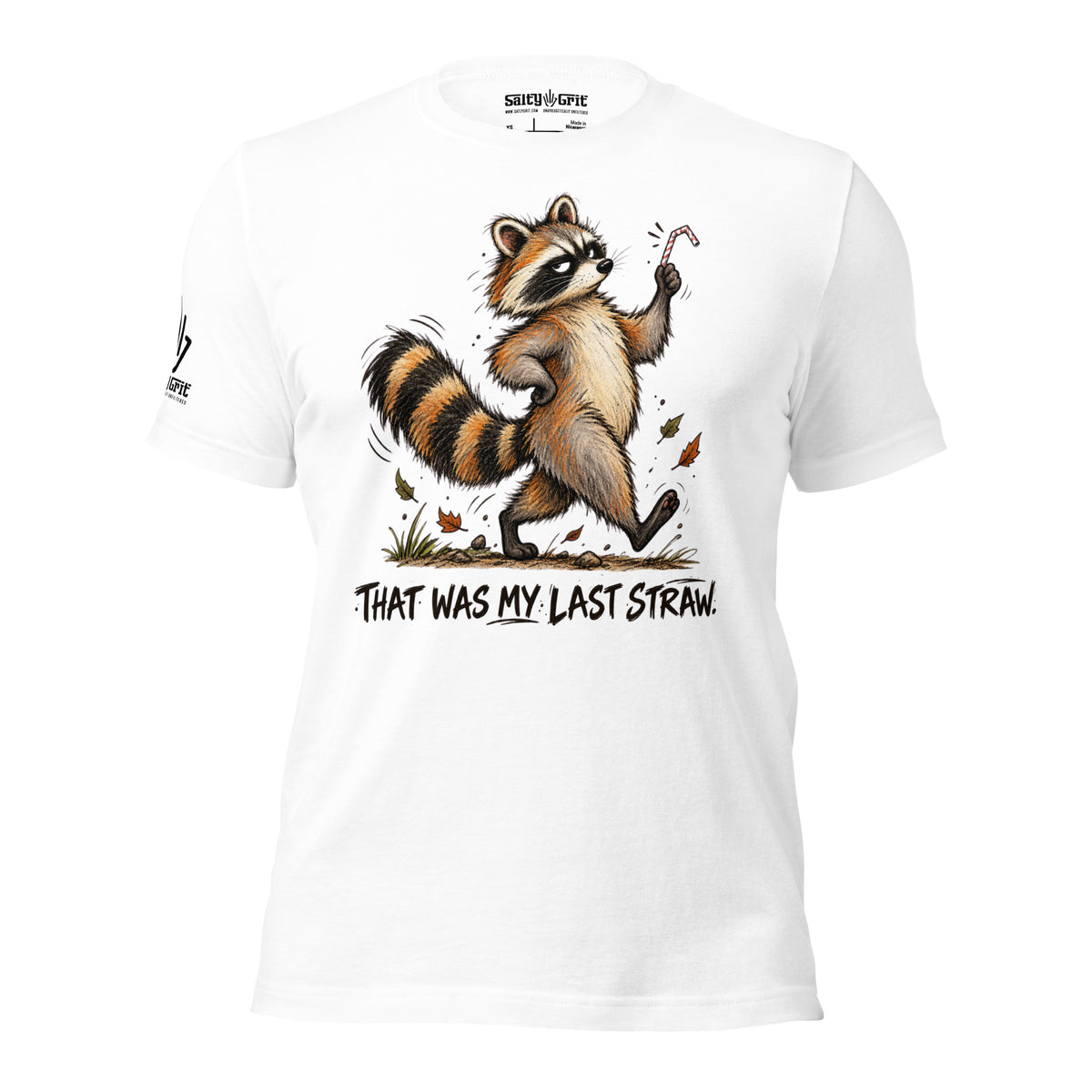 Offensive humor shirt featuring a raccoon with a bent straw and sarcastic message