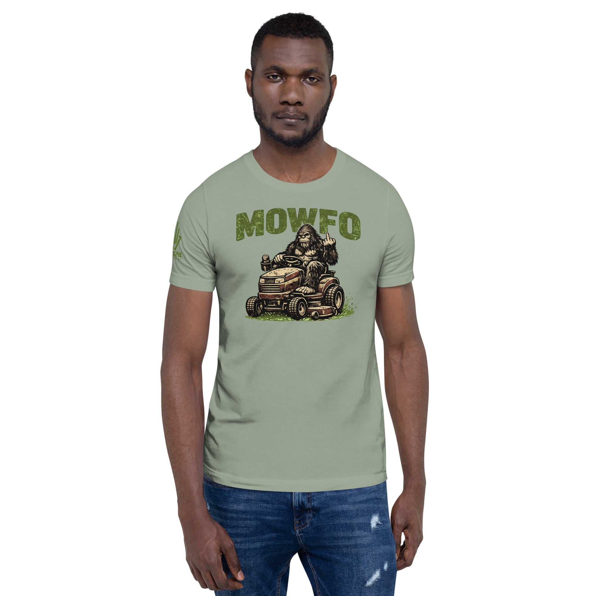 Offensive humor shirt featuring Bigfoot mowing grass with attitude