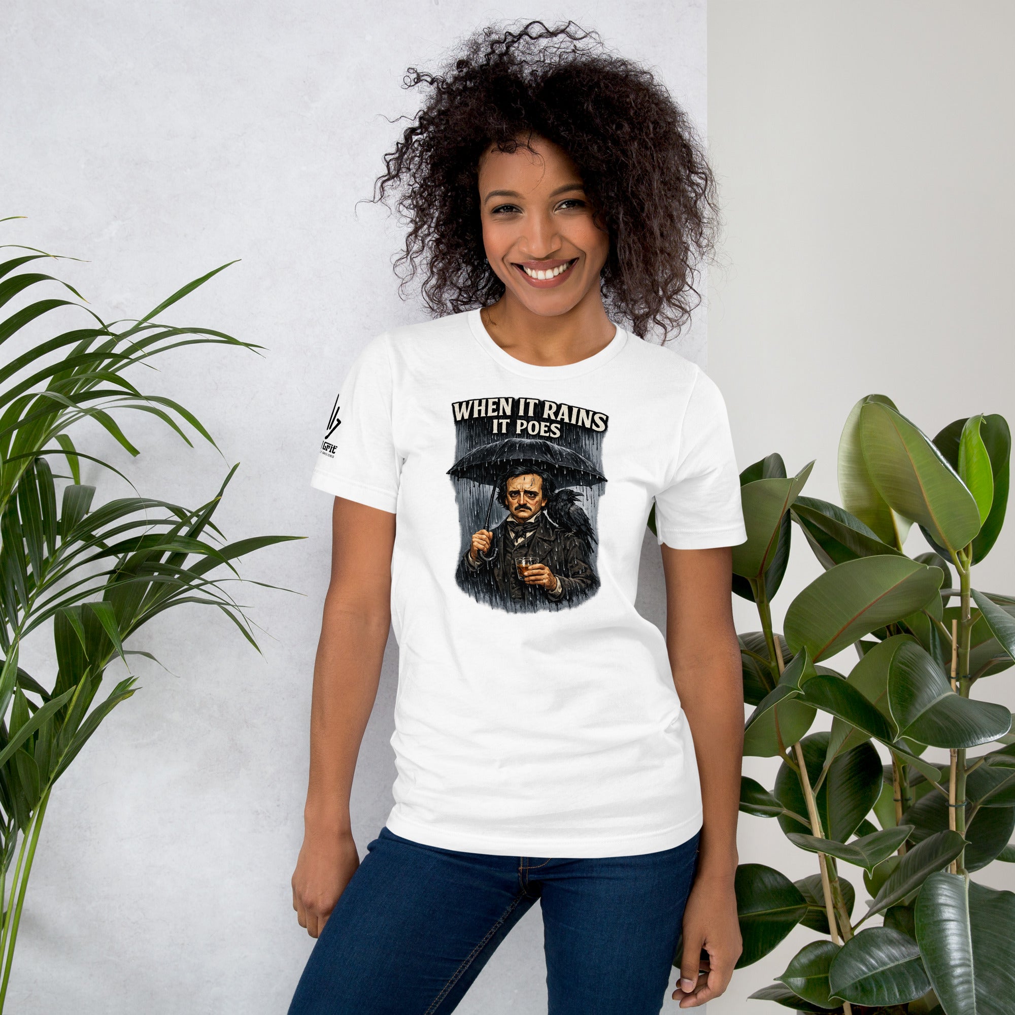 Offensive humor shirt featuring Edgar Allan Poe in the rain with a raven