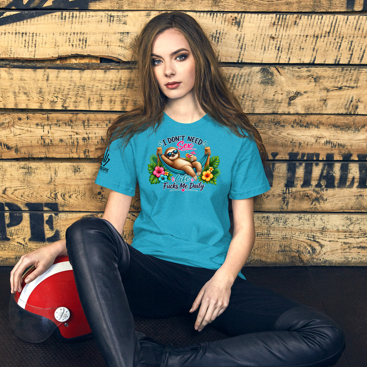 Offensive humor graphic tee featuring a sarcastic sloth relaxing with a drink