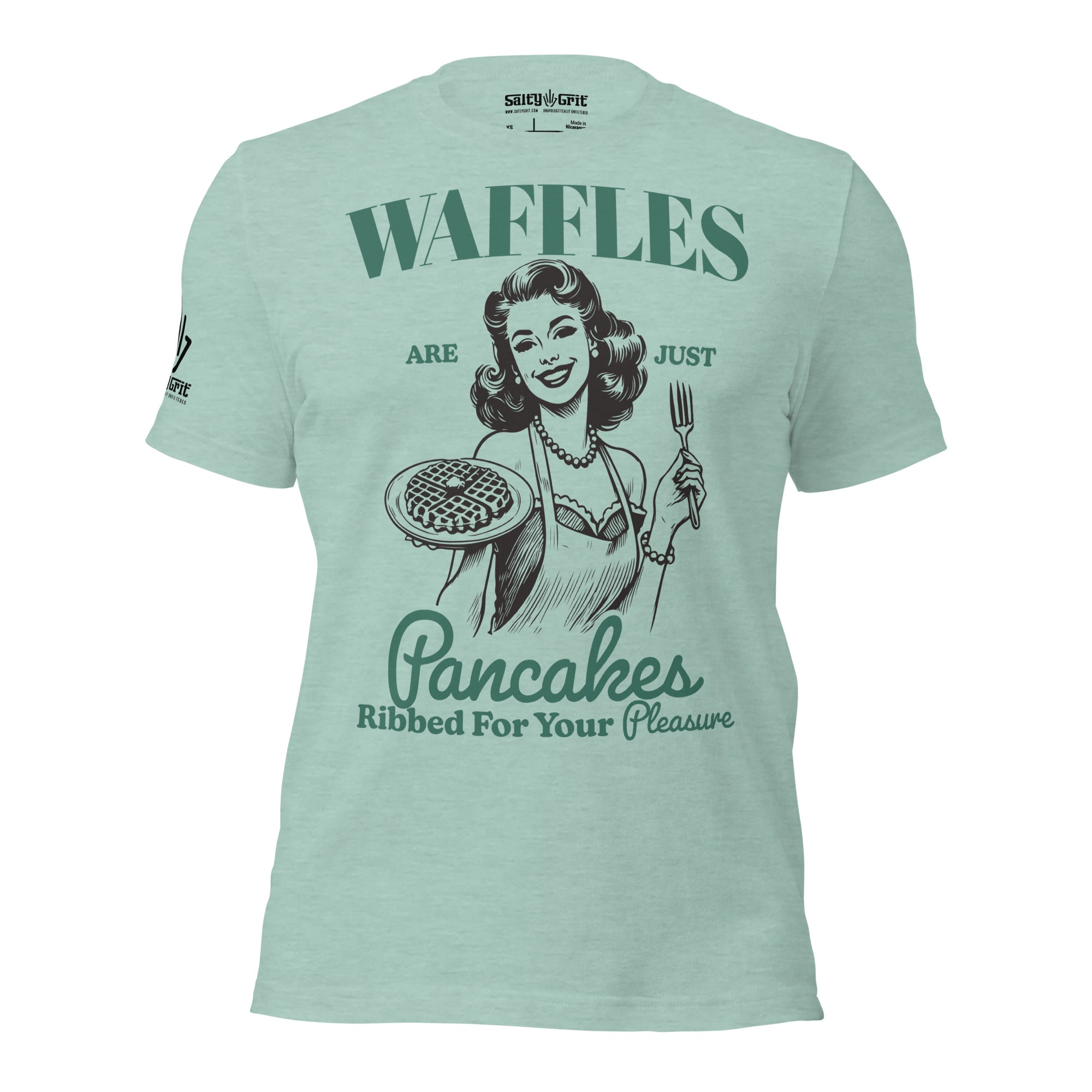 Offensive humor tee with waffles and double entendre design