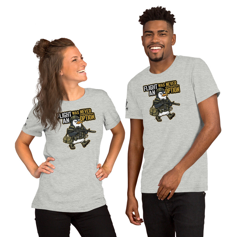Offensive humor apparel featuring a tactical penguin with Flight Was Never An Option