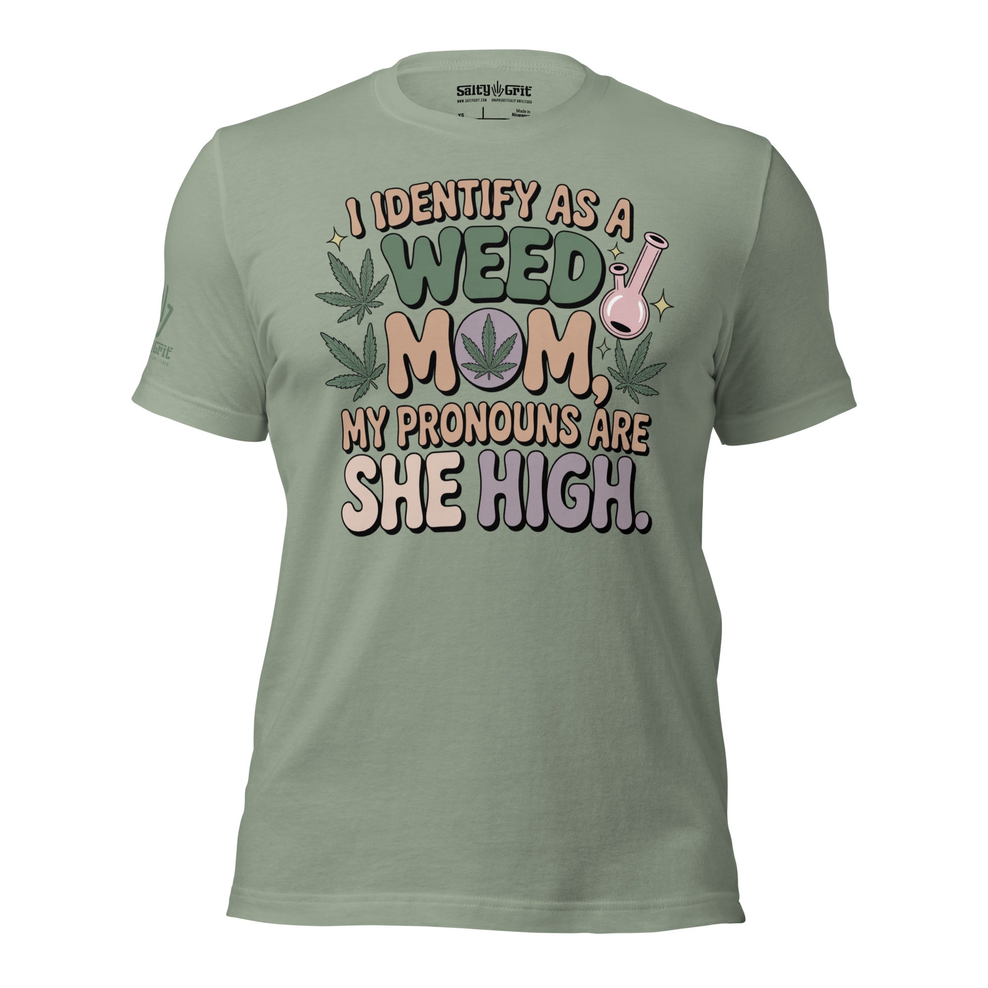 Offensive humor graphic tee with I Identify as Weed Mom She High text