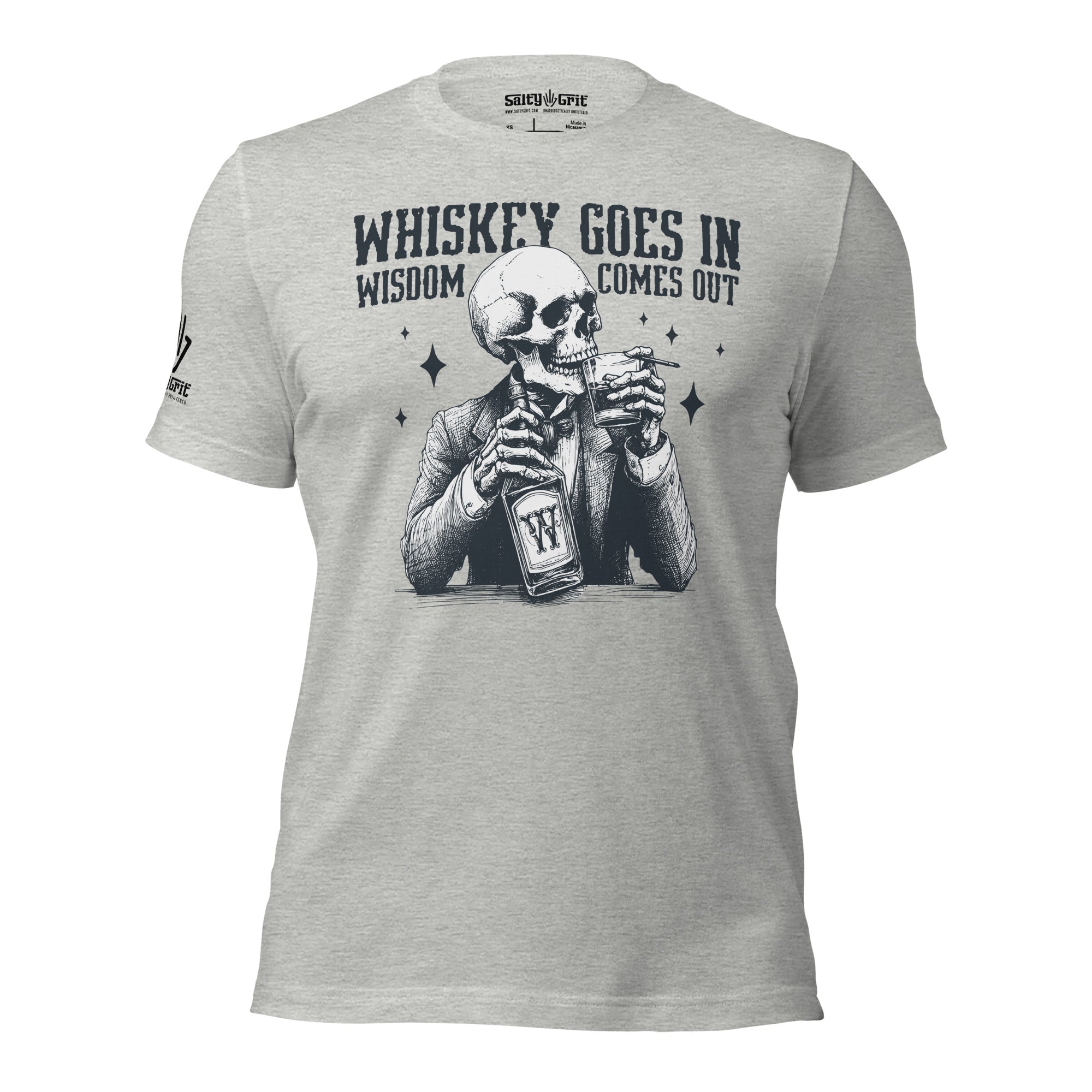 Offensive humor shirt with skeleton enjoying whiskey